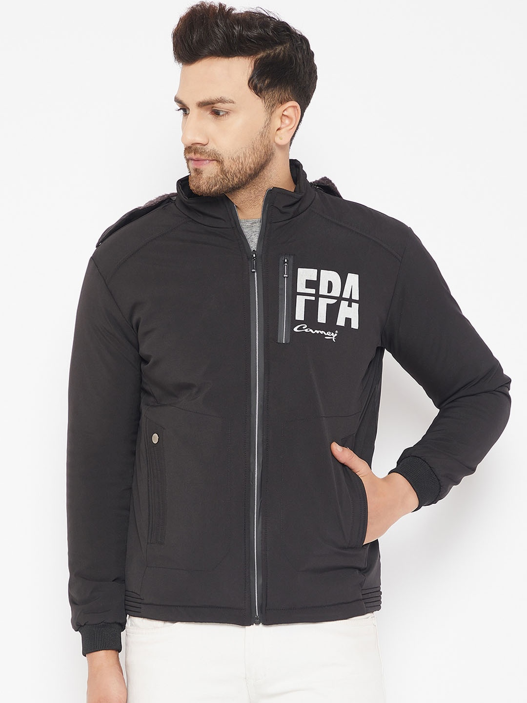 

Camey Typography Printed Hooded Neck Long Sleeves Lightweight Bomber Jacket, Black