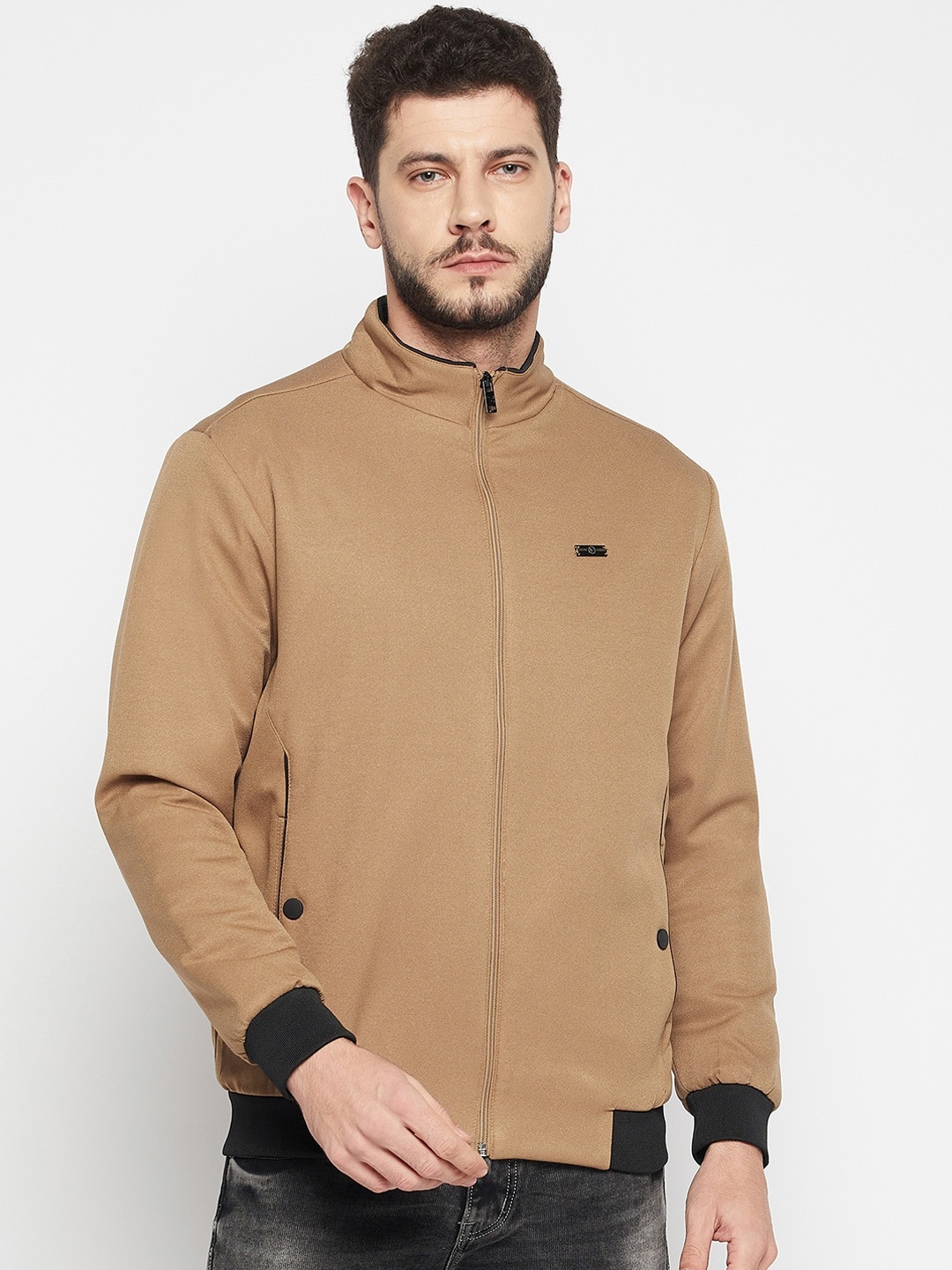 

Camey Mock Collar Long Sleeves Zip Detail Lightweight Bomber Jacket, Brown
