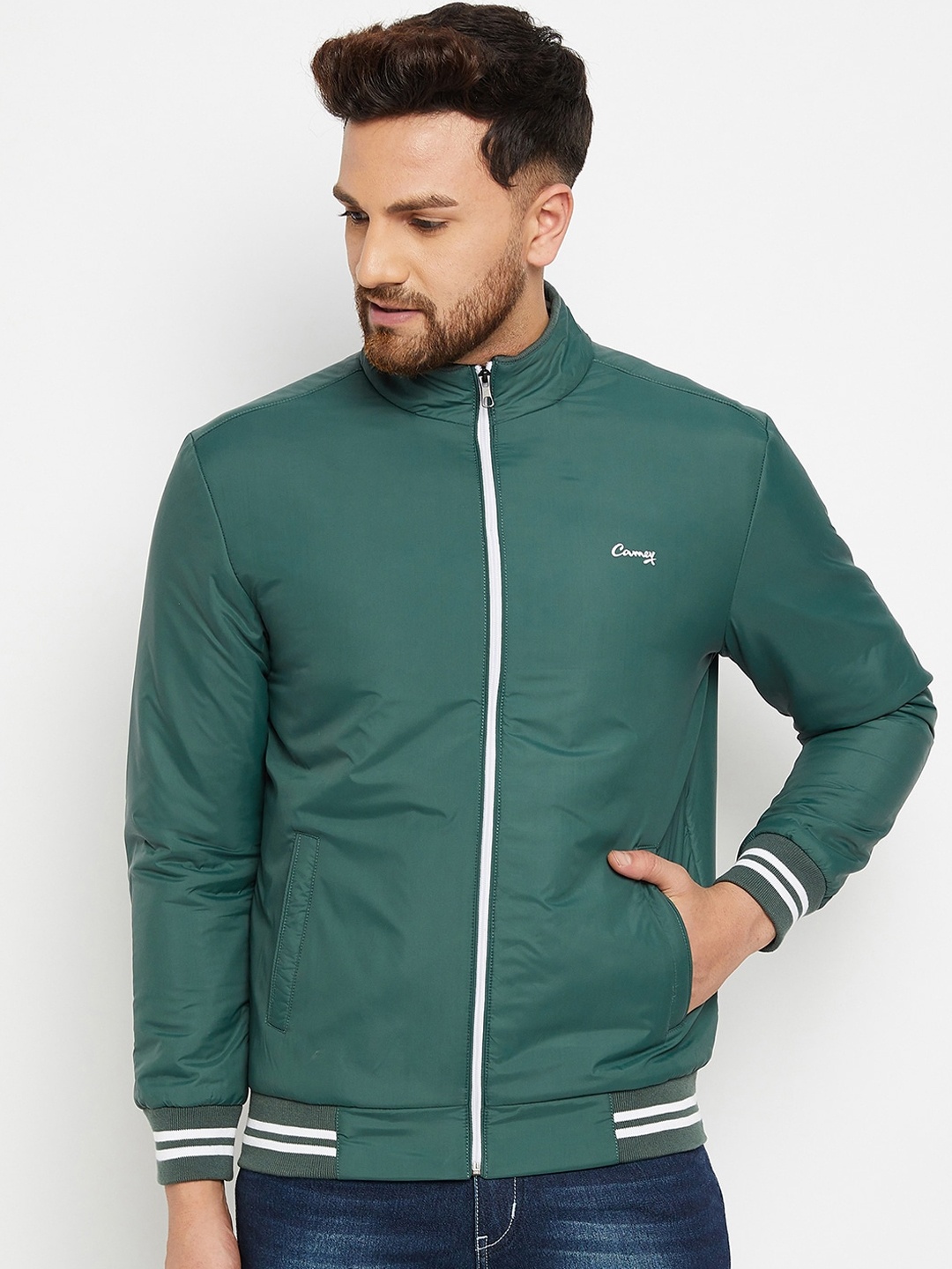 

Camey Mock Collar Long Sleeves Zip Detail Lightweight Bomber Jacket, Green