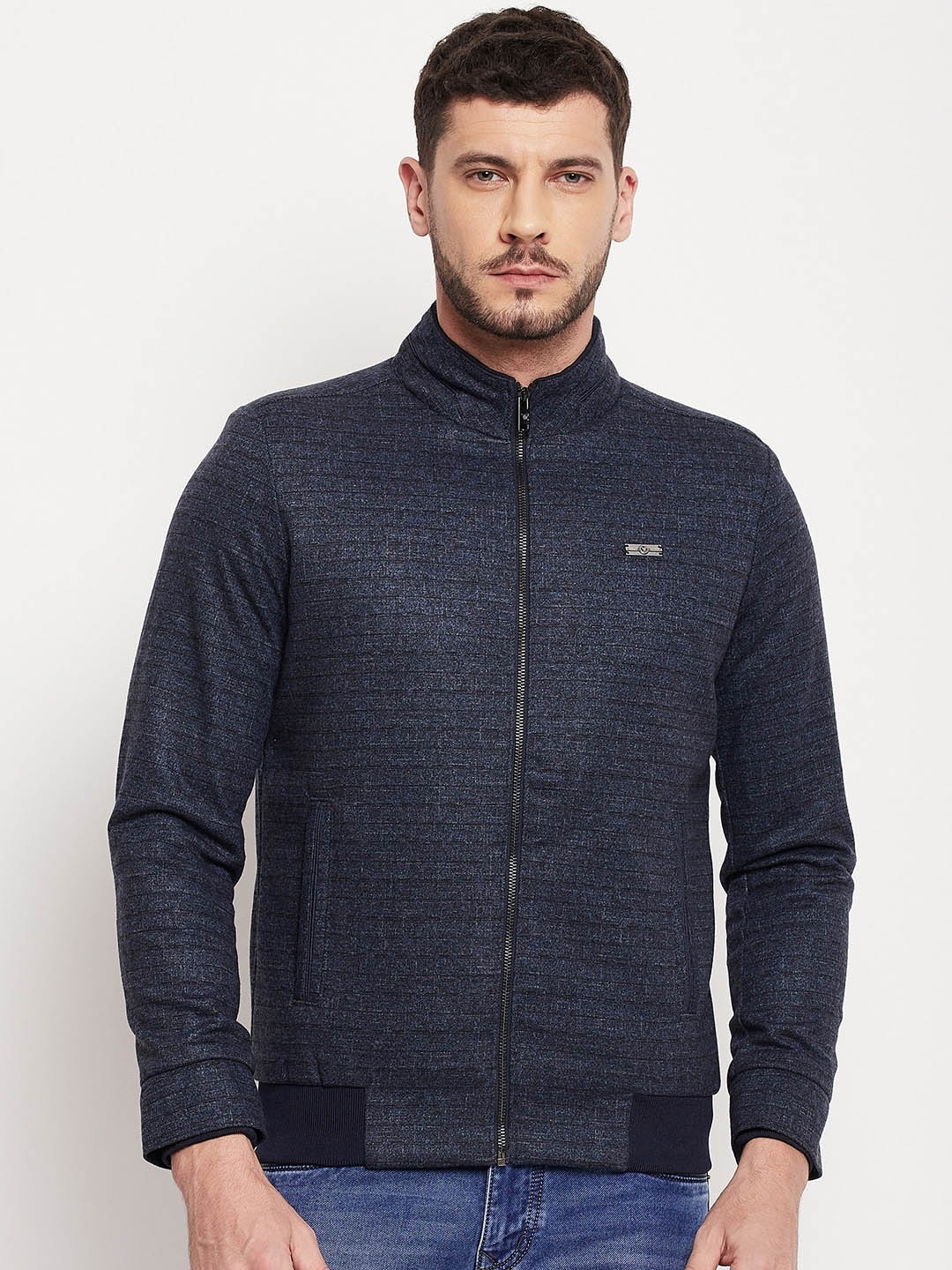 

Camey Self Design Mock Collar Lightweight Bomber Jacket, Navy blue