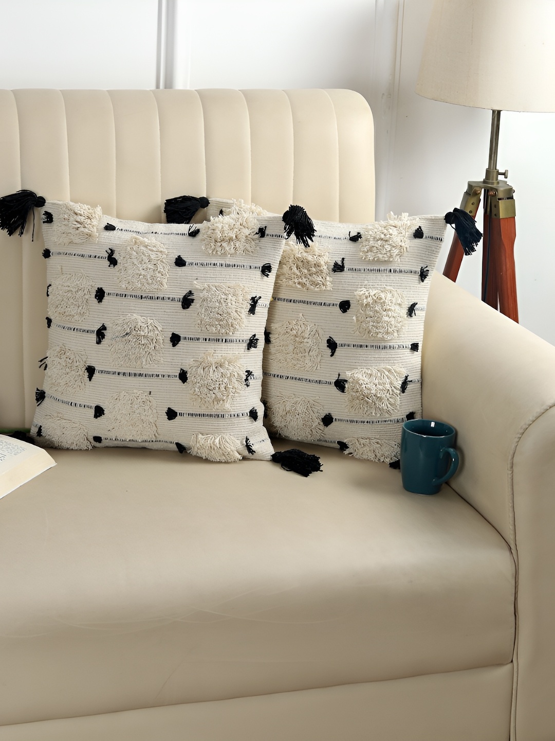 

Furnistitchs Off White & Black 2 Pcs Embroidered Square Cotton Cushion Covers