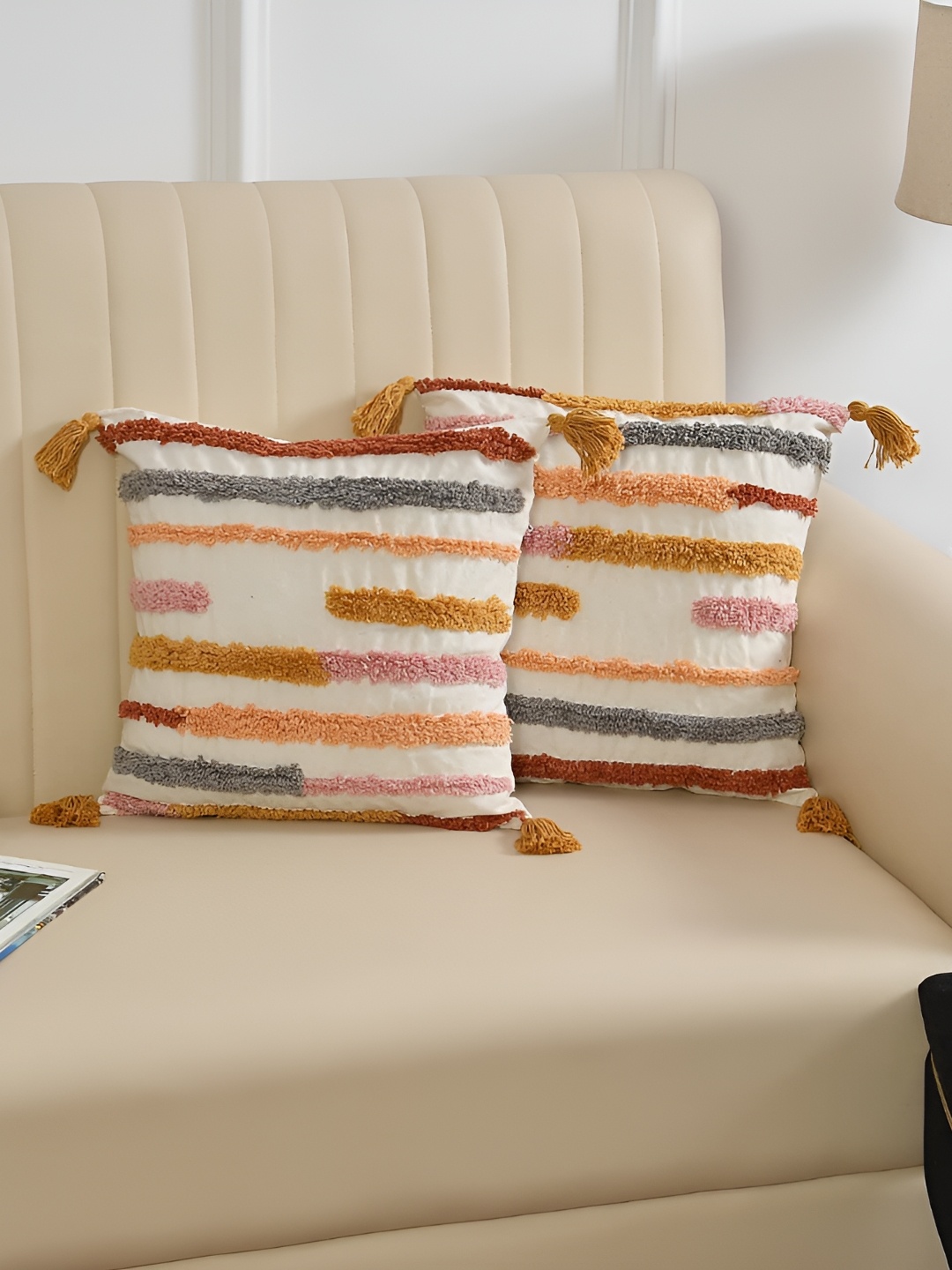 

Furnistitchs Cream & Grey 2 Pcs Embroidered Square Cotton Cushion Covers