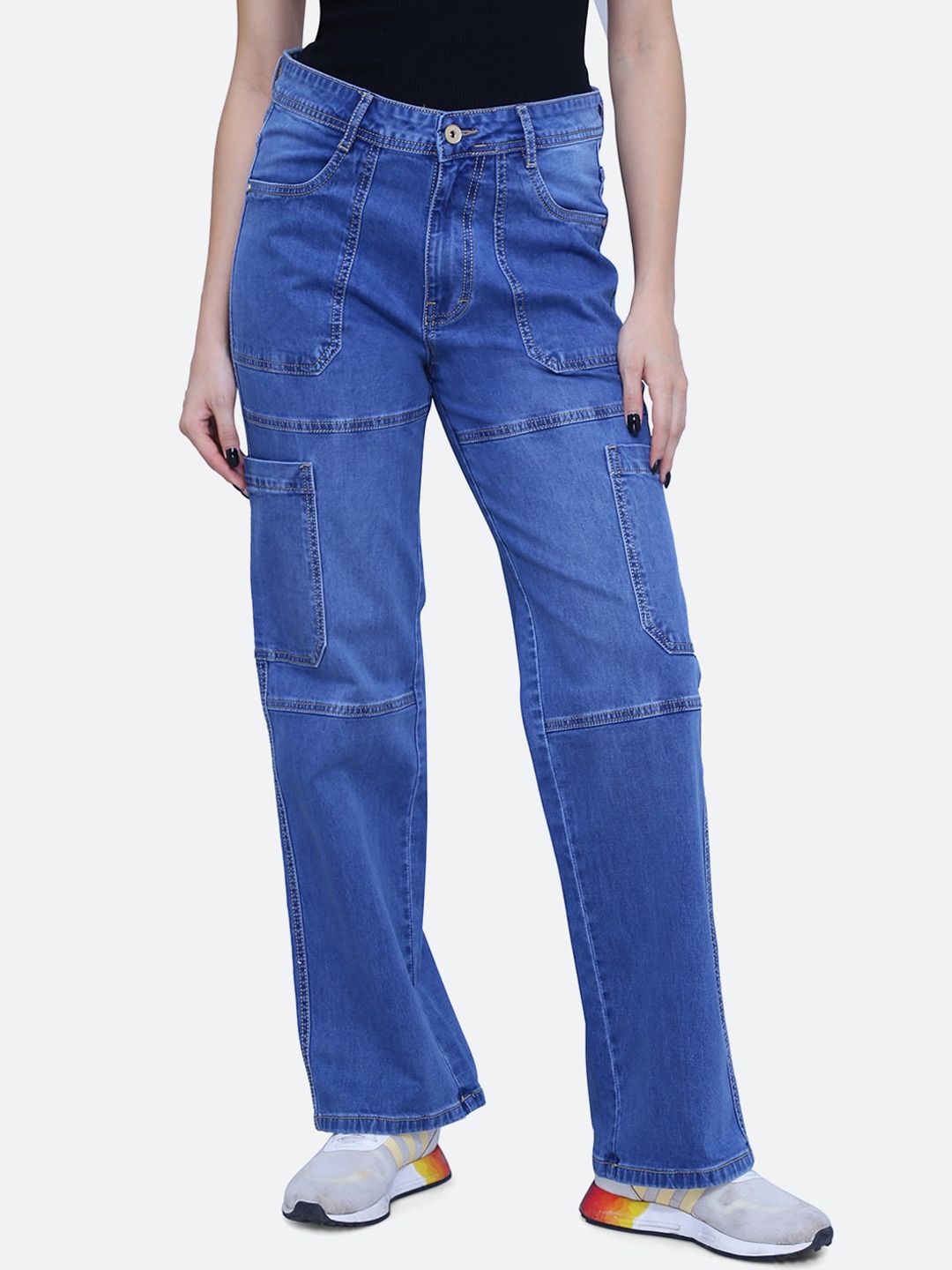 

FCK-3 Women Straight Fit High-Rise Stretchable Denim Cargos, Blue