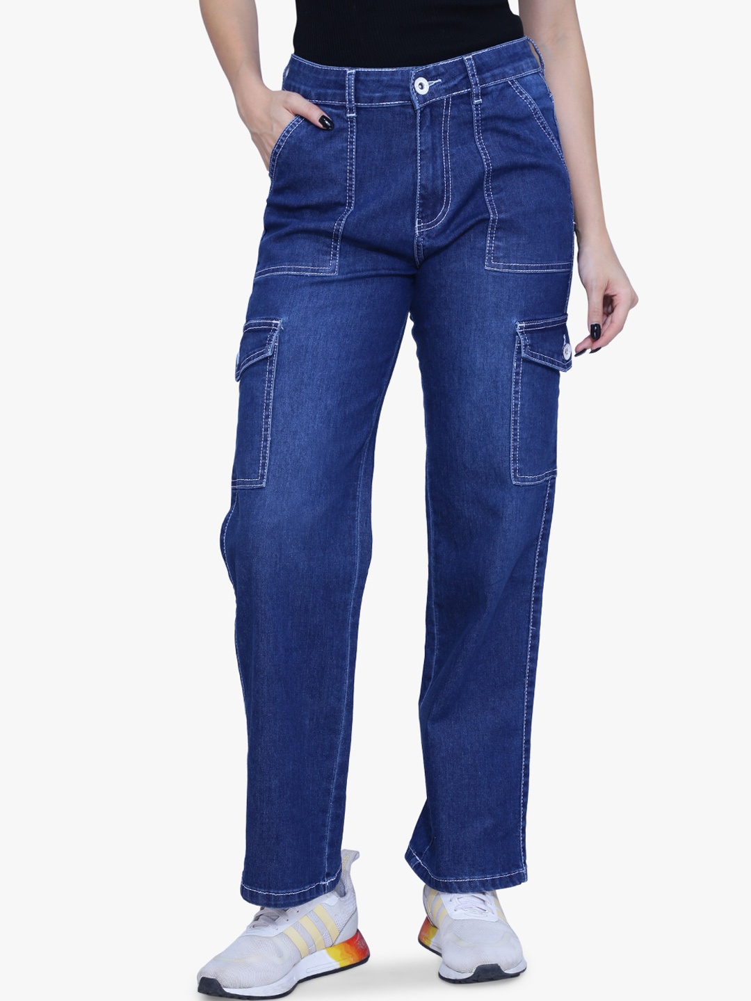 

FCK-3 Women Relaxed Loose Fit High-Rise Clean Look Cotton Denim Cargos, Blue