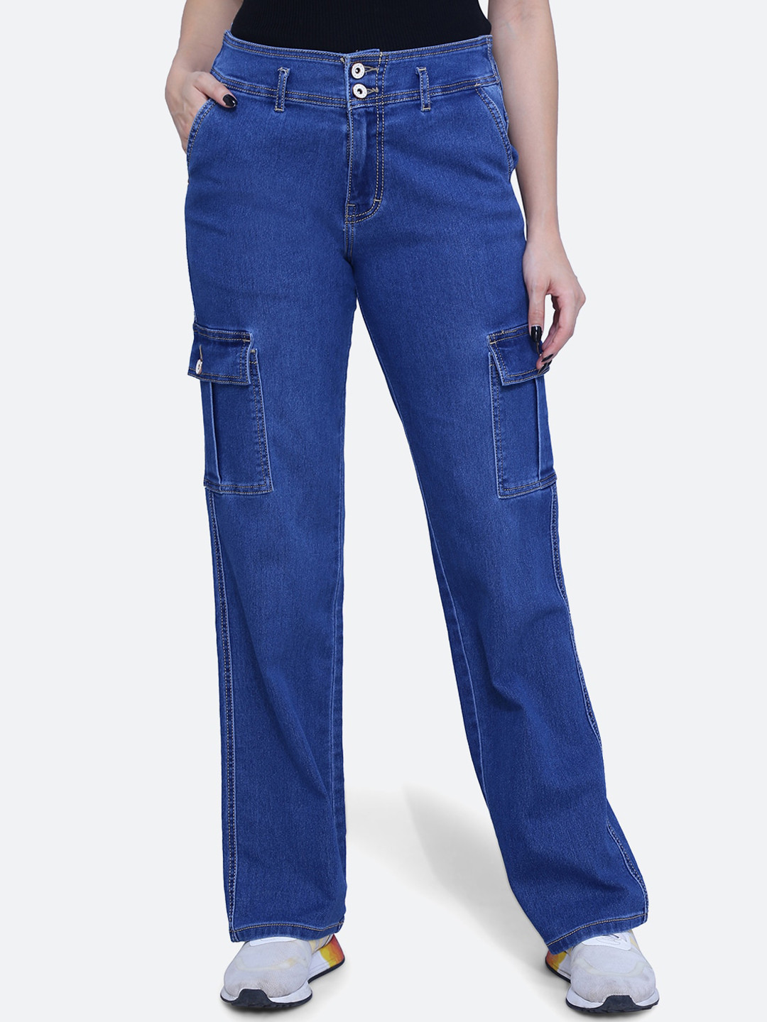 

FCK-3 Women Straight Fit High-Rise Stretchable Denim Cargos, Blue