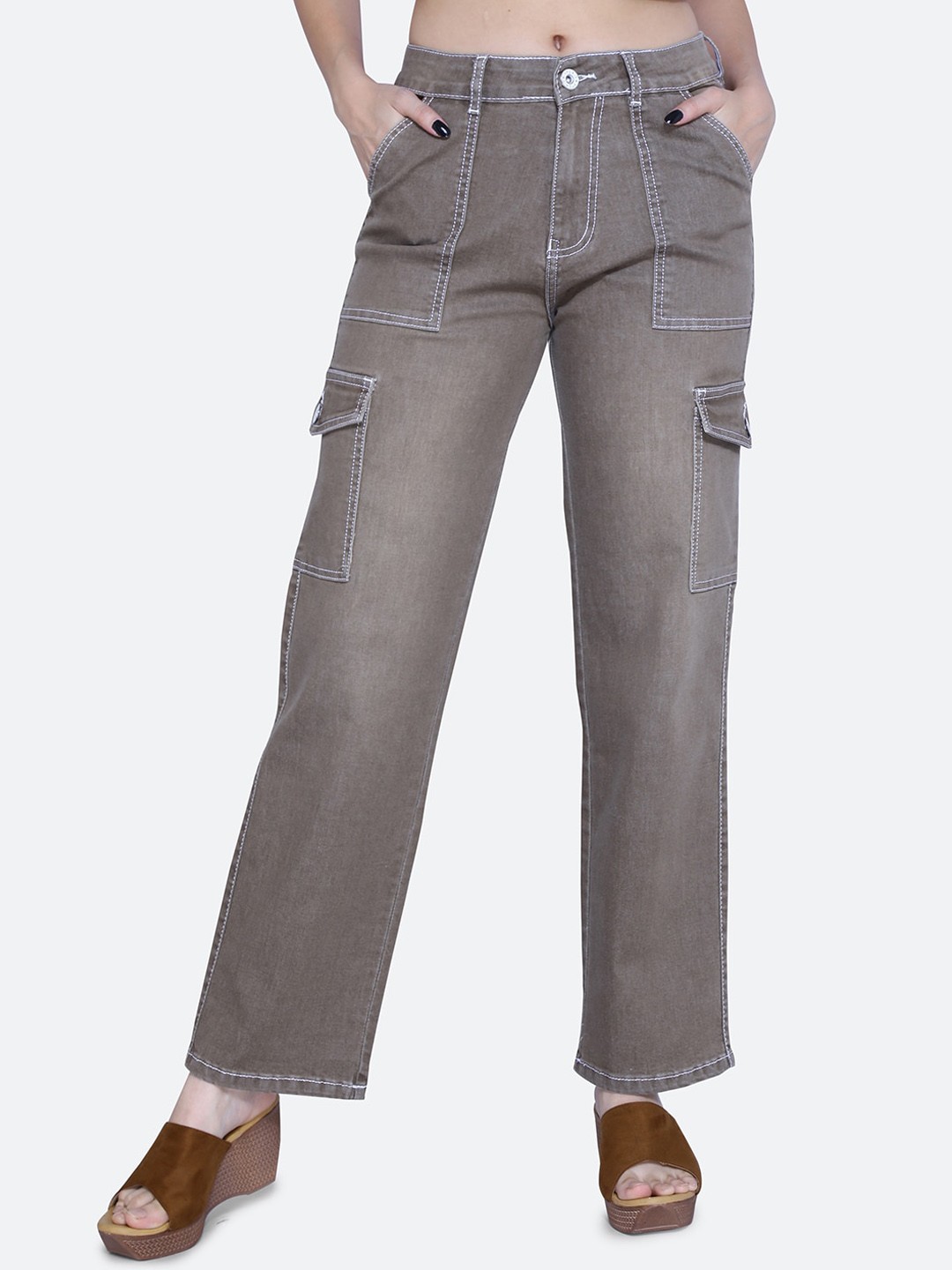 

FCK-3 Women High-Rise Clean Look Stretchable Cargos Jeans, Coffee brown