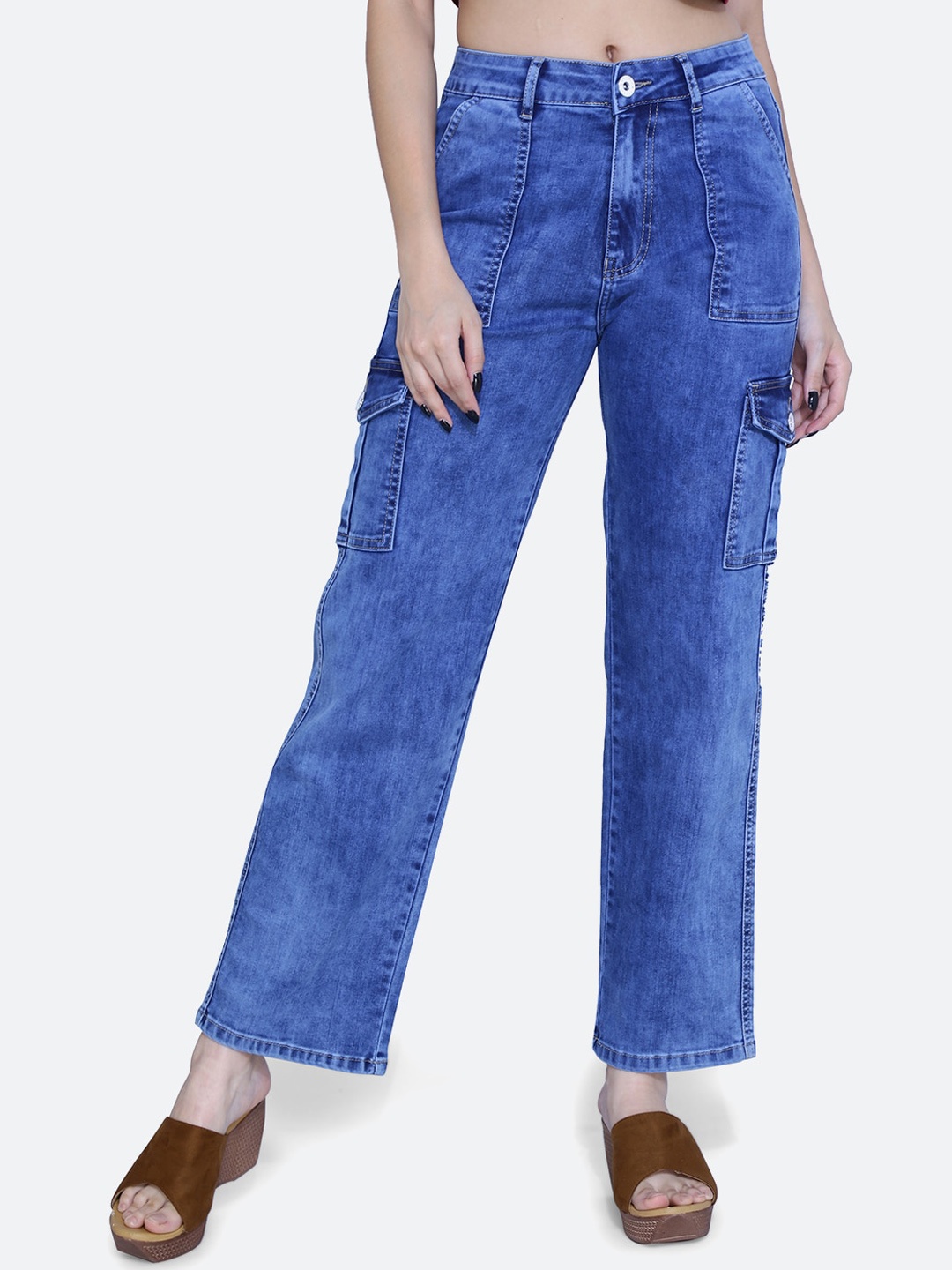 

FCK-3 Women High-Rise Clean Look Stretchable Cargos Jeans, Blue