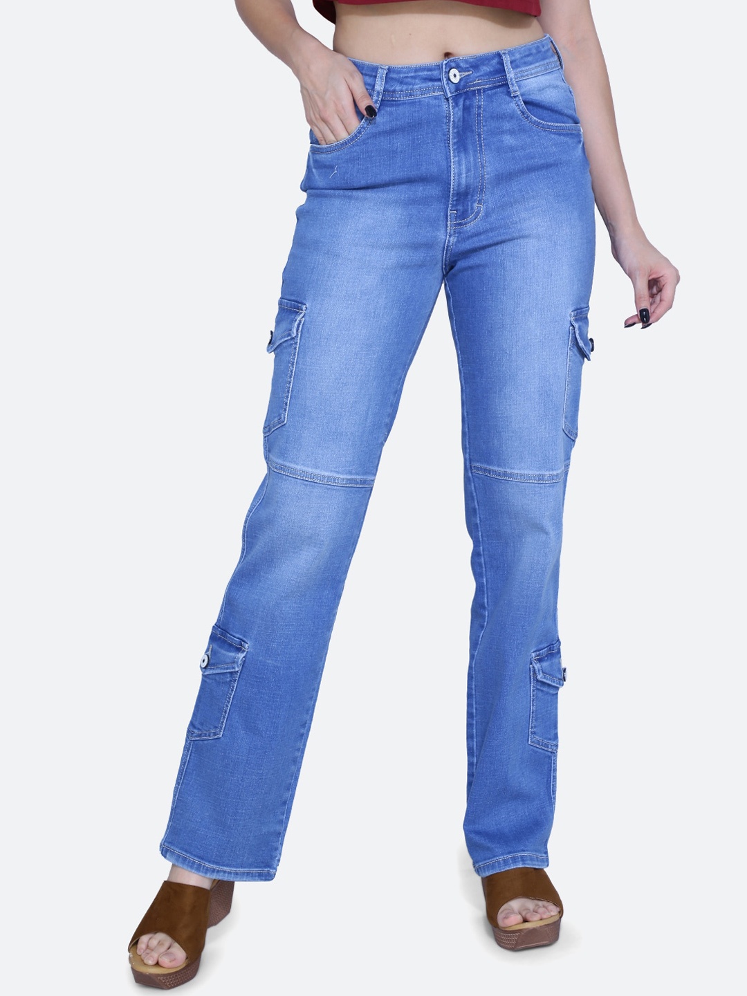 

FCK-3 Women High-Rise Clean Look Stretchable Cargos Jeans, Blue