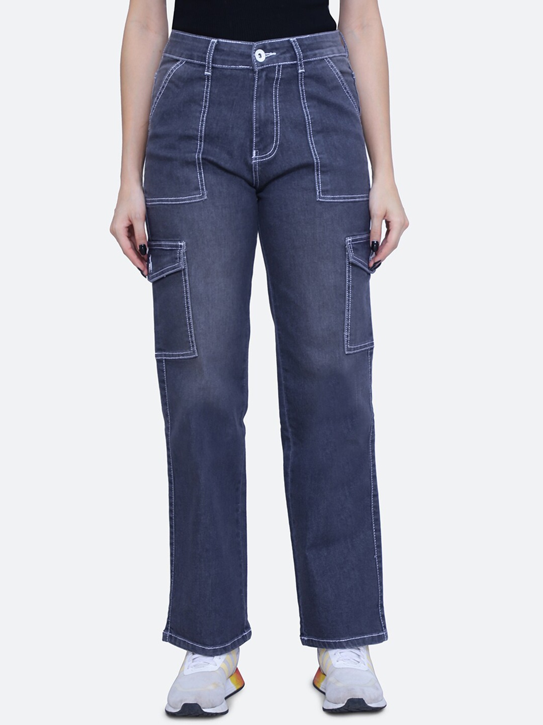 

FCK-3 Women High-Rise Clean Look Stretchable Cargos Jeans, Grey