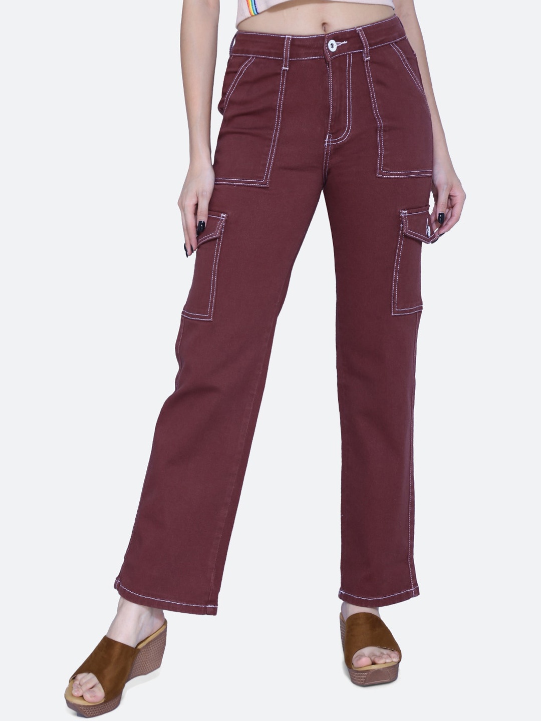 

FCK-3 Women Relaxed Loose Fit High-Rise Cargos Trousers, Maroon
