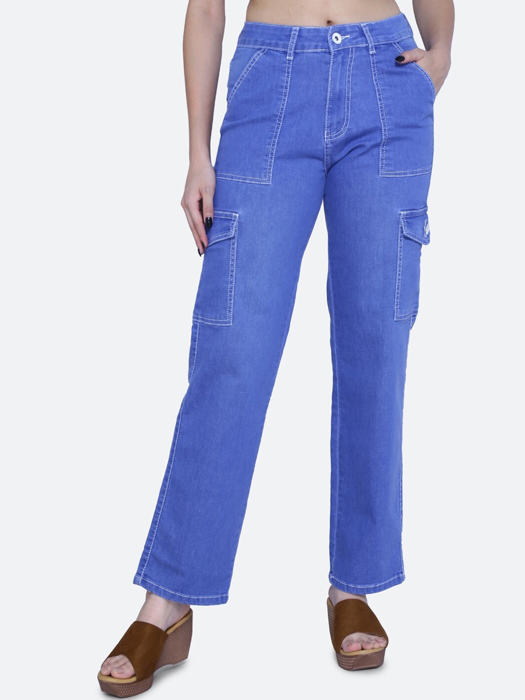 

FCK-3 Women High-Rise Clean Look Stretchable Cargos Jeans, Blue