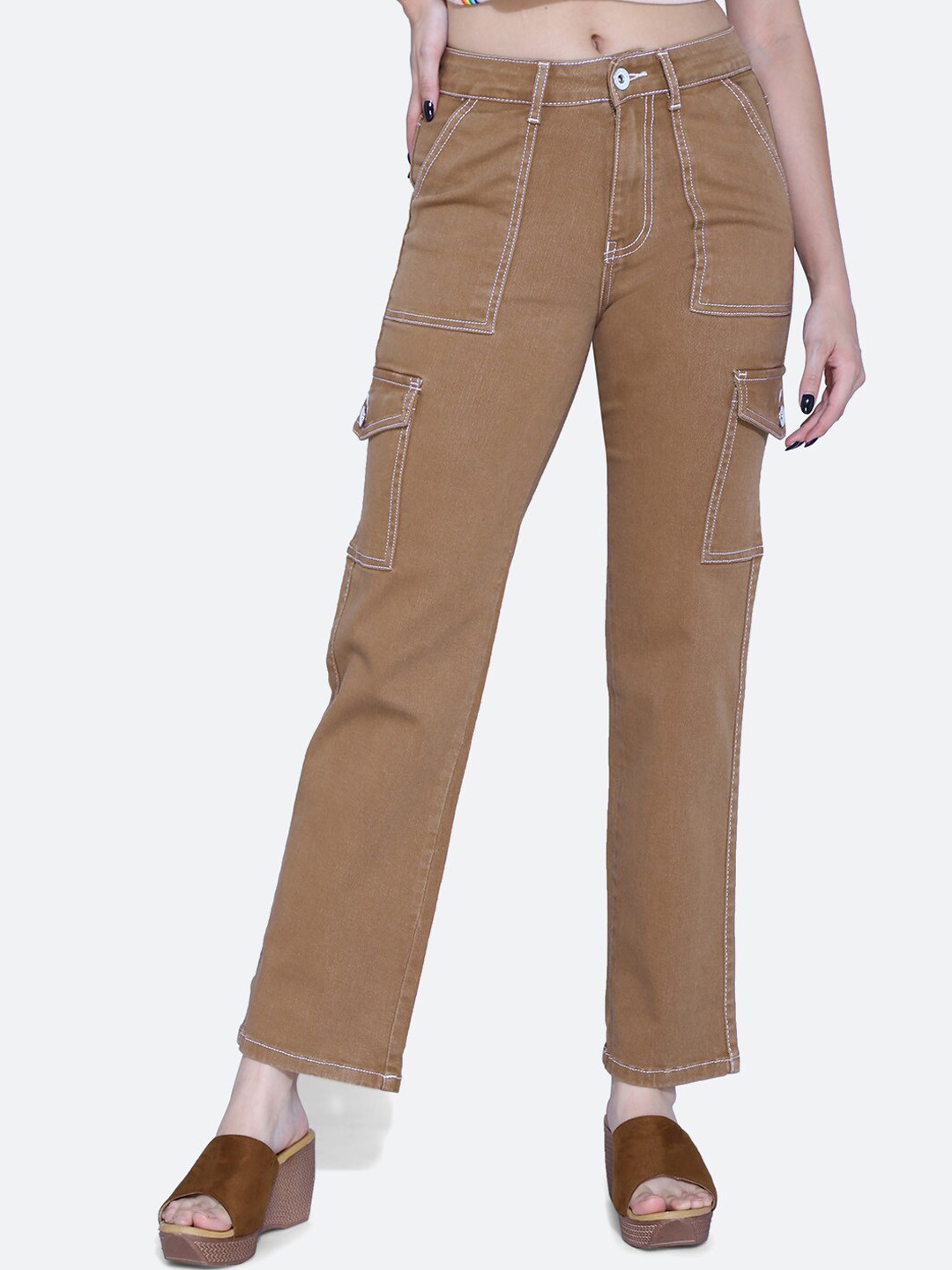 

FCK-3 Women High-Rise Clean Look Stretchable Cargos Jeans, Brown