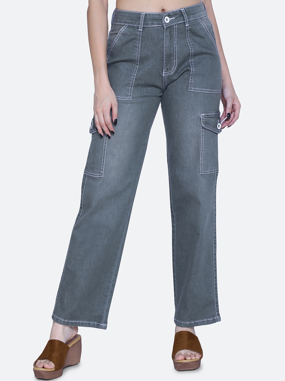 

FCK-3 Women Relaxed Loose Fit High-Rise Clean Look Denim Cargos, Olive