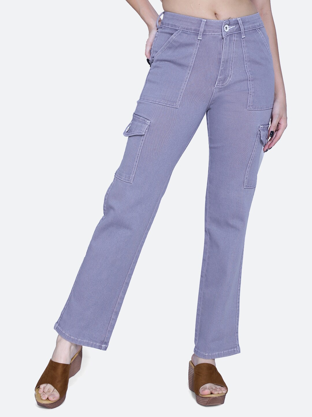 

FCK-3 Women High-Rise Clean Look Stretchable Cargos Jeans, Grey melange