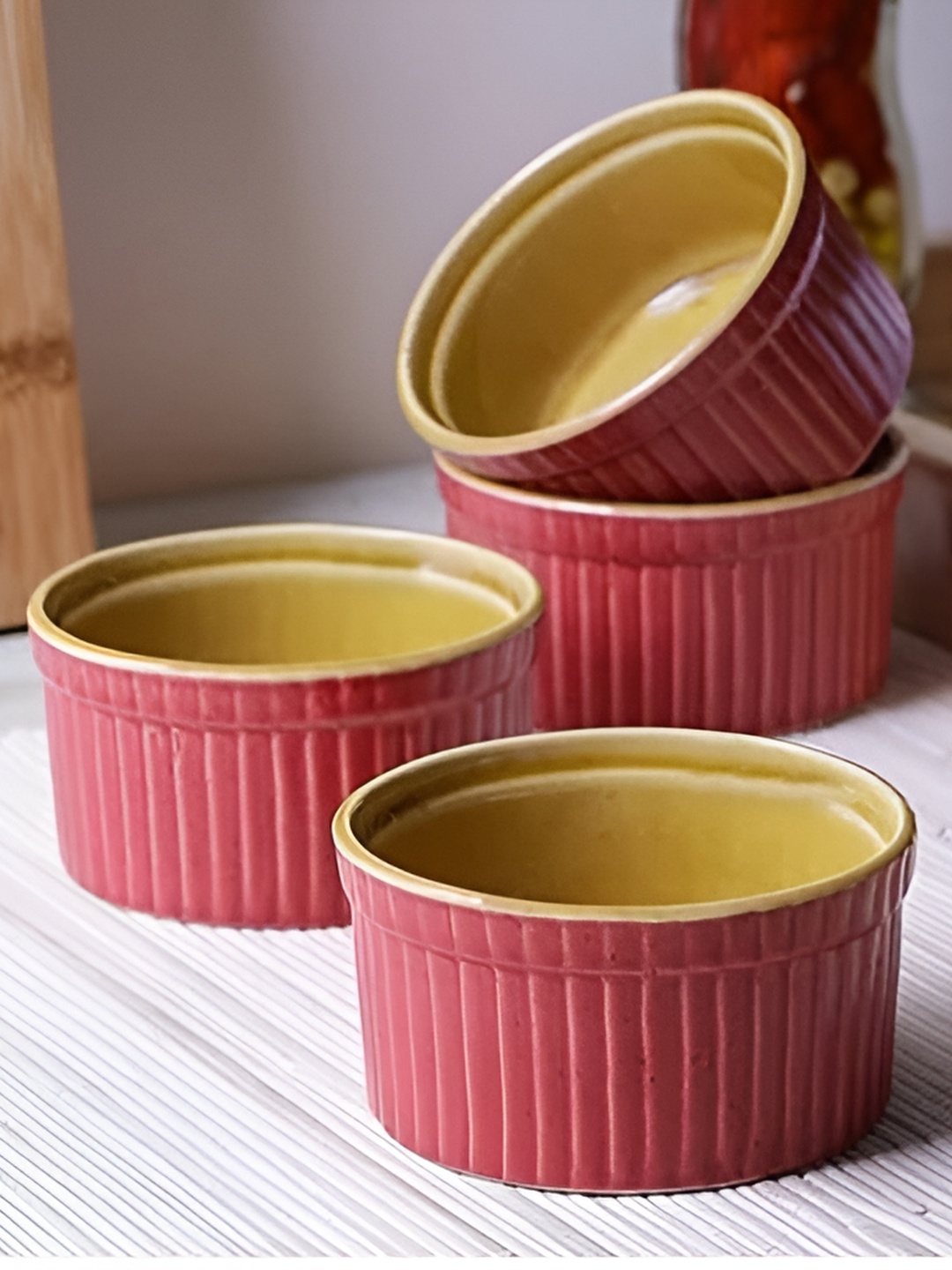 

caffeine Pink & Mustard 4 Pieces Ceramic Microwave Safe Ramekin Bowls