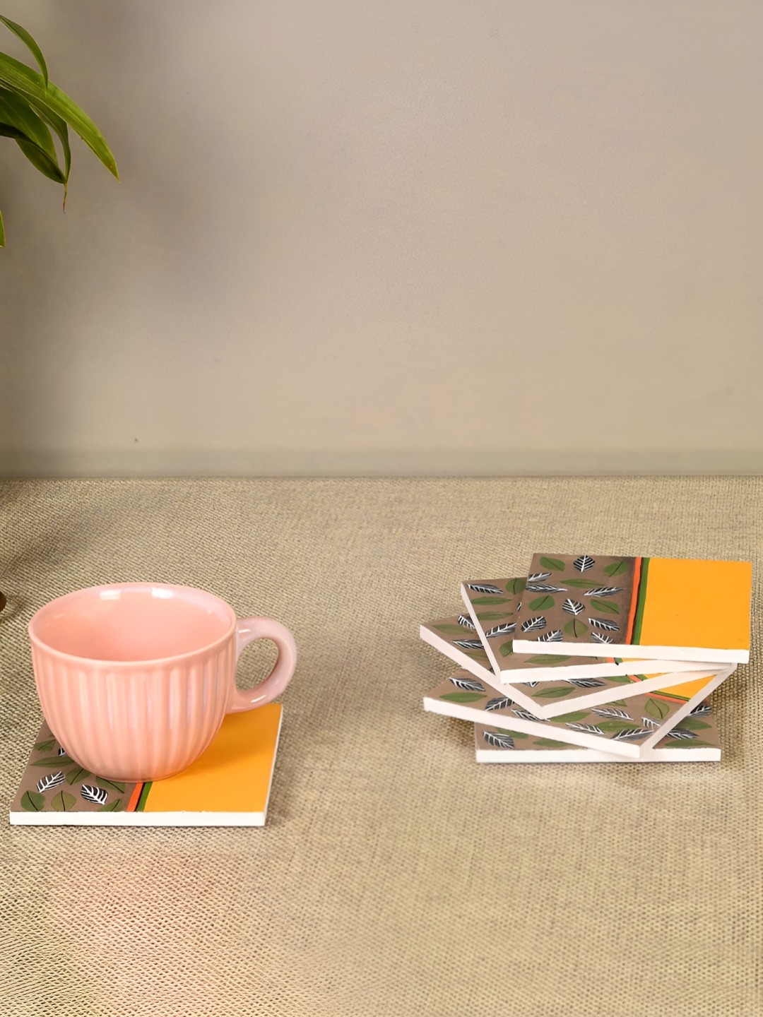 

dudki Melody of Leaves Grey & Yellow Printed Square Wooden Coasters