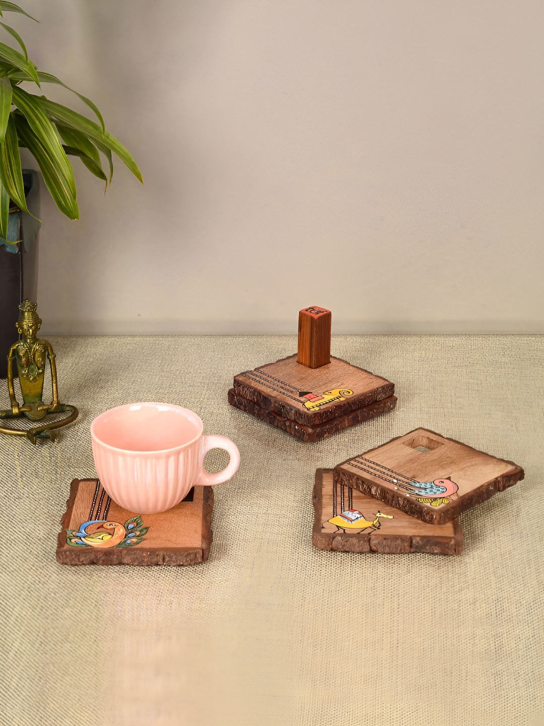 

dudki Elephant Parade Beige & Pink 4 Pieces Animal Printed Wooden Square Coasters