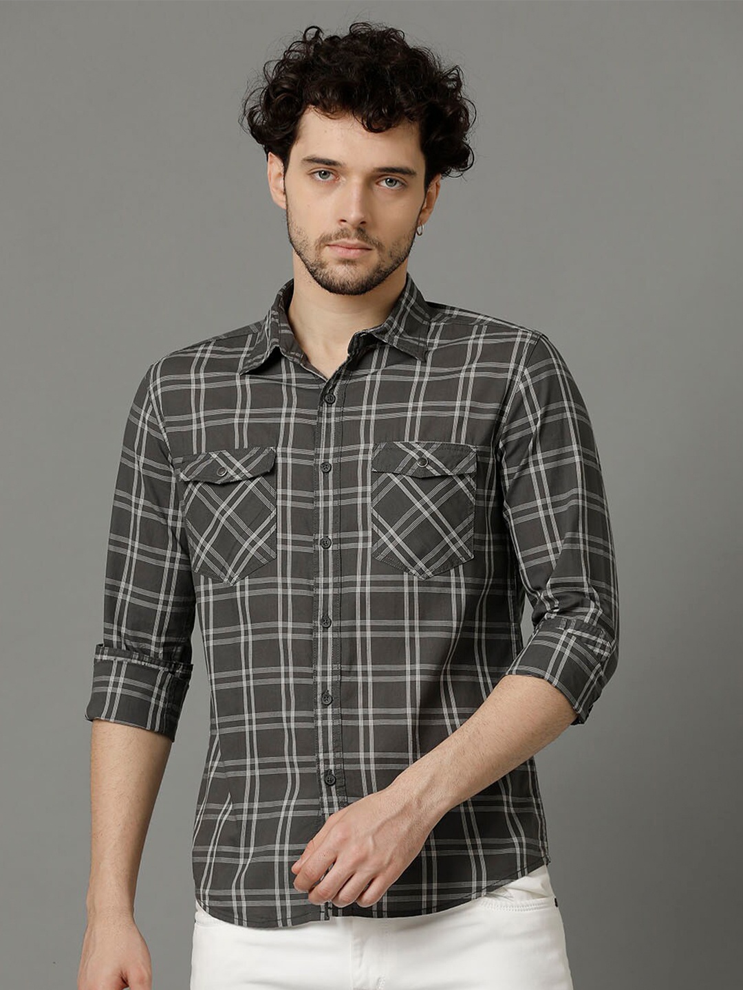

YOVISH Comfort Tartan Checked Spread Collar Cotton Casual Shirt, Grey