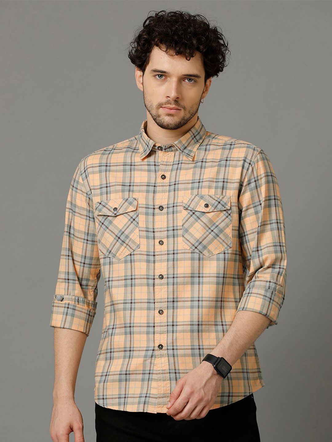 

YOVISH Comfort Tartan Checked Spread Collar Cotton Casual Shirt, Peach