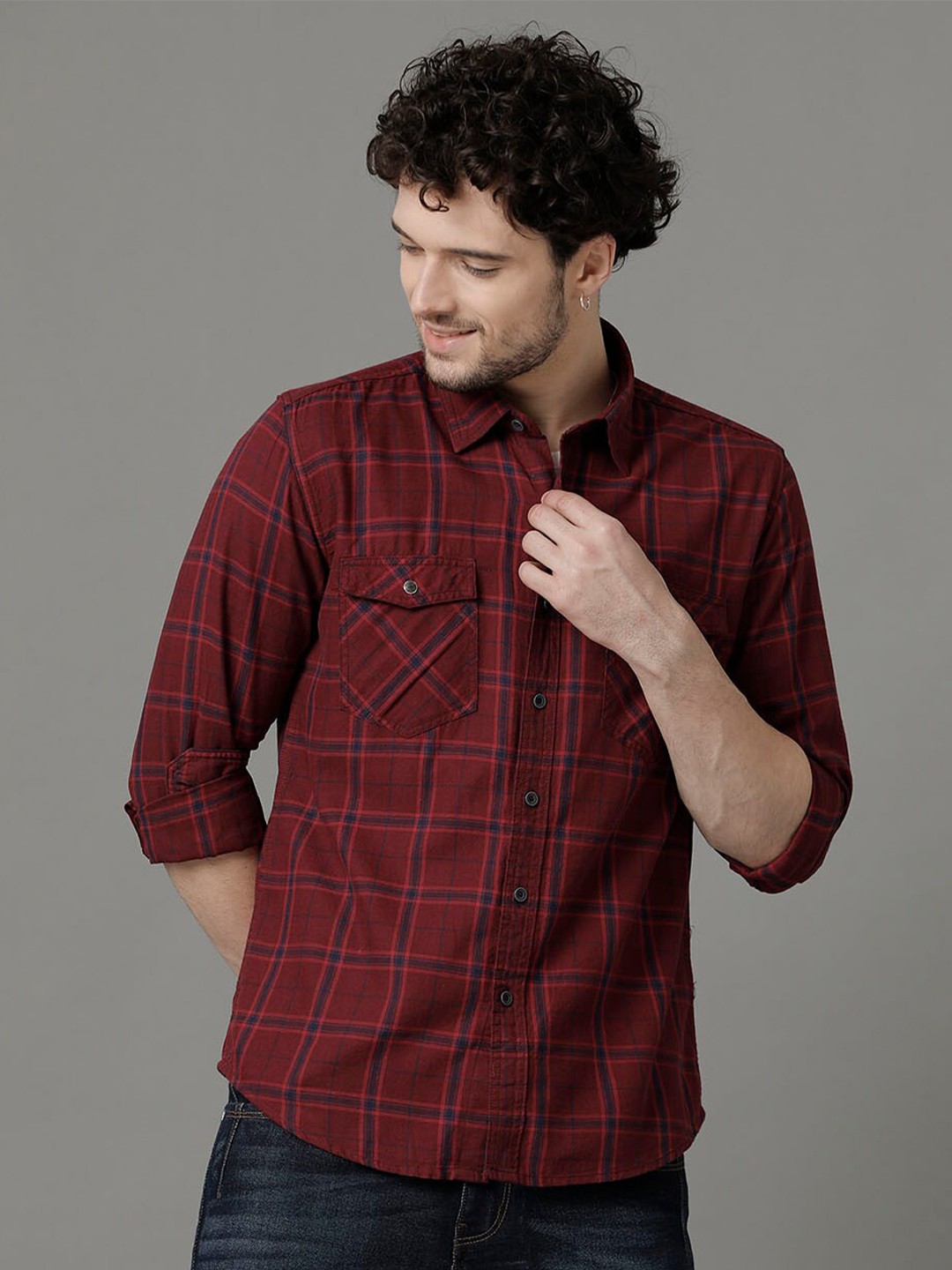 

YOVISH Comfort Tartan Checked Spread Collar Cotton Casual Shirt, Red