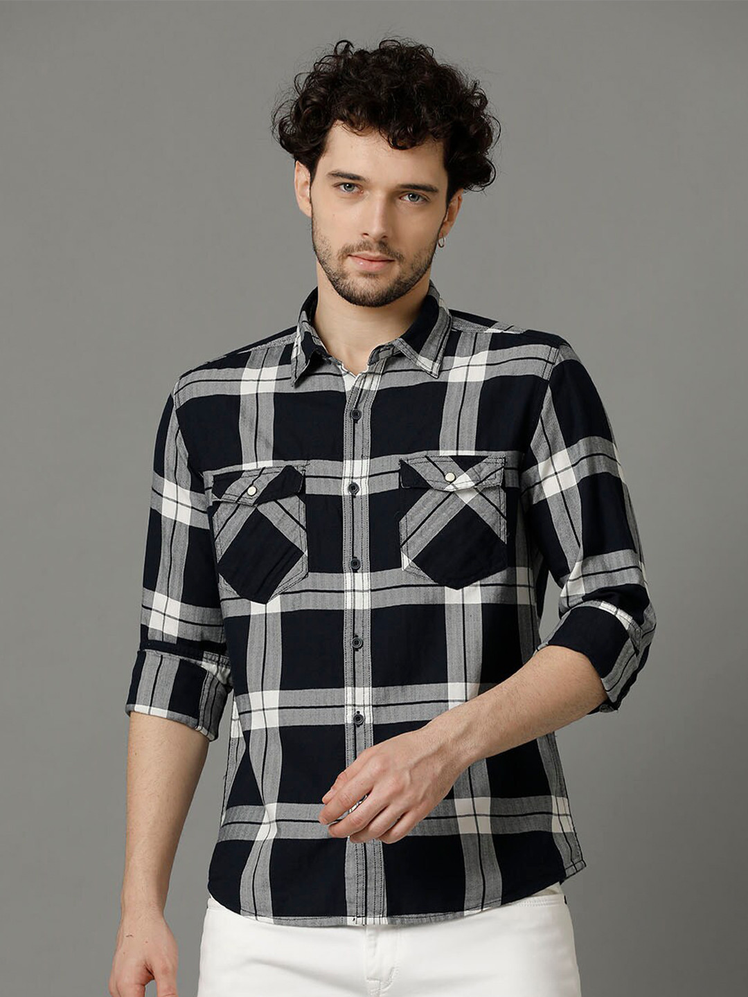 

YOVISH Comfort Tartan Checked Spread Collar Cotton Casual Shirt, Navy blue