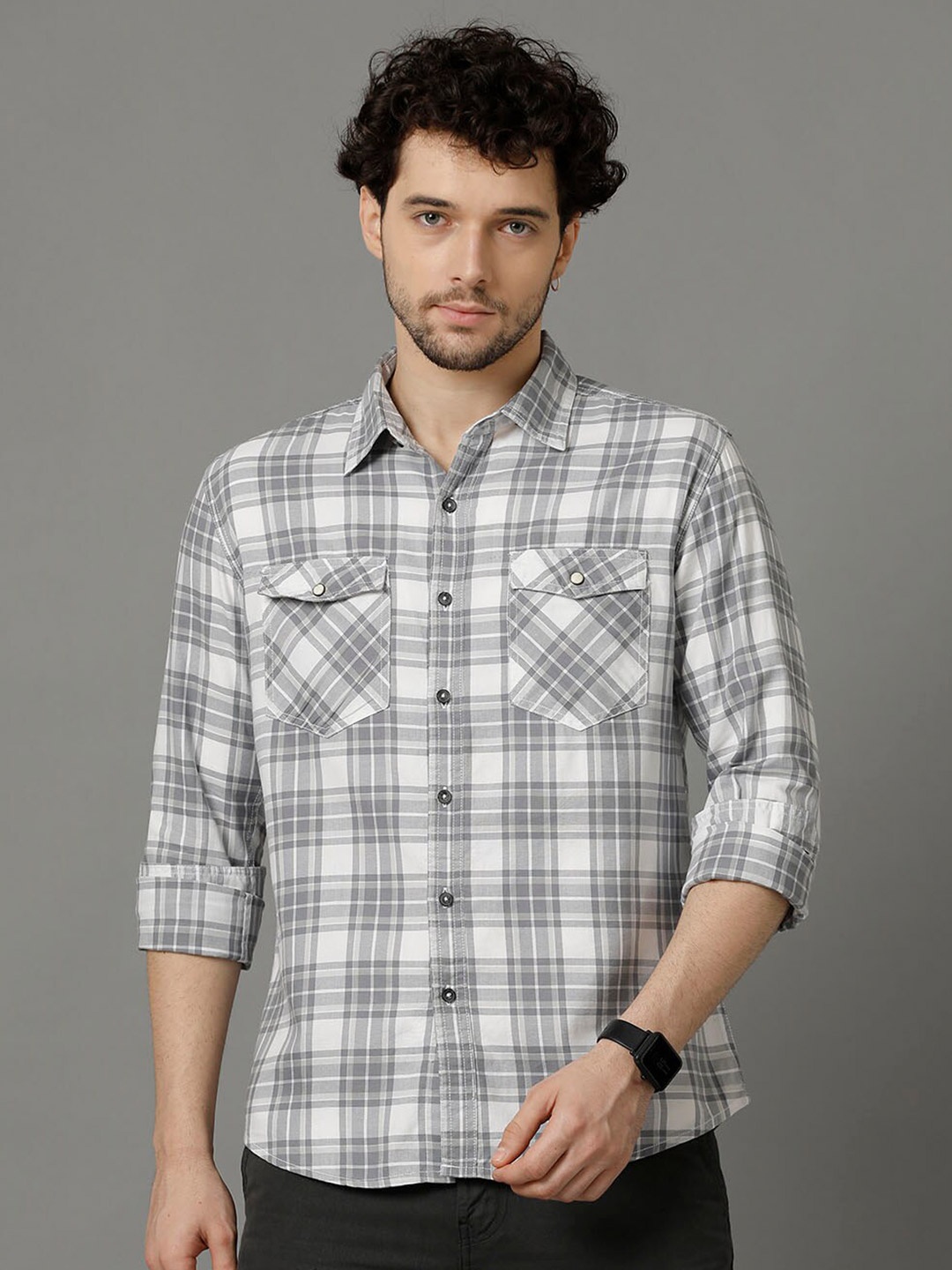 

YOVISH Comfort Tartan Checked Cotton Casual Shirt, Off white