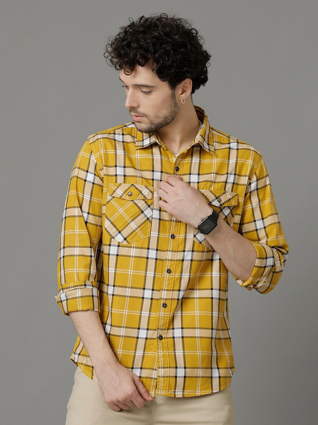 

YOVISH Comfort Tartan Checks Spread Collar Long Sleeves Cotton Casual Shirt, Yellow