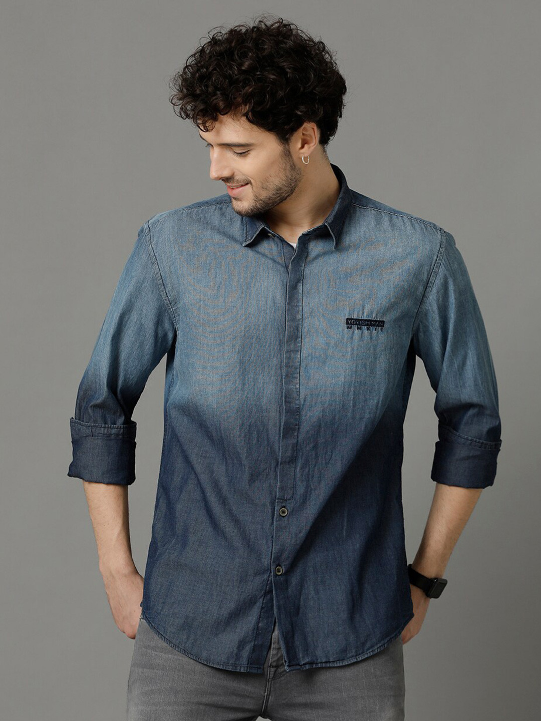 

YOVISH Comfort Ombre Printed Denim Spread Collar Long Sleeves Cotton Casual Shirt, Blue
