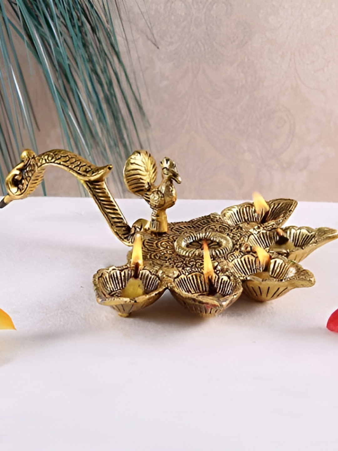 

HANDICRAFTS PARADISE Beige Diya With Peacock Handle, Gold