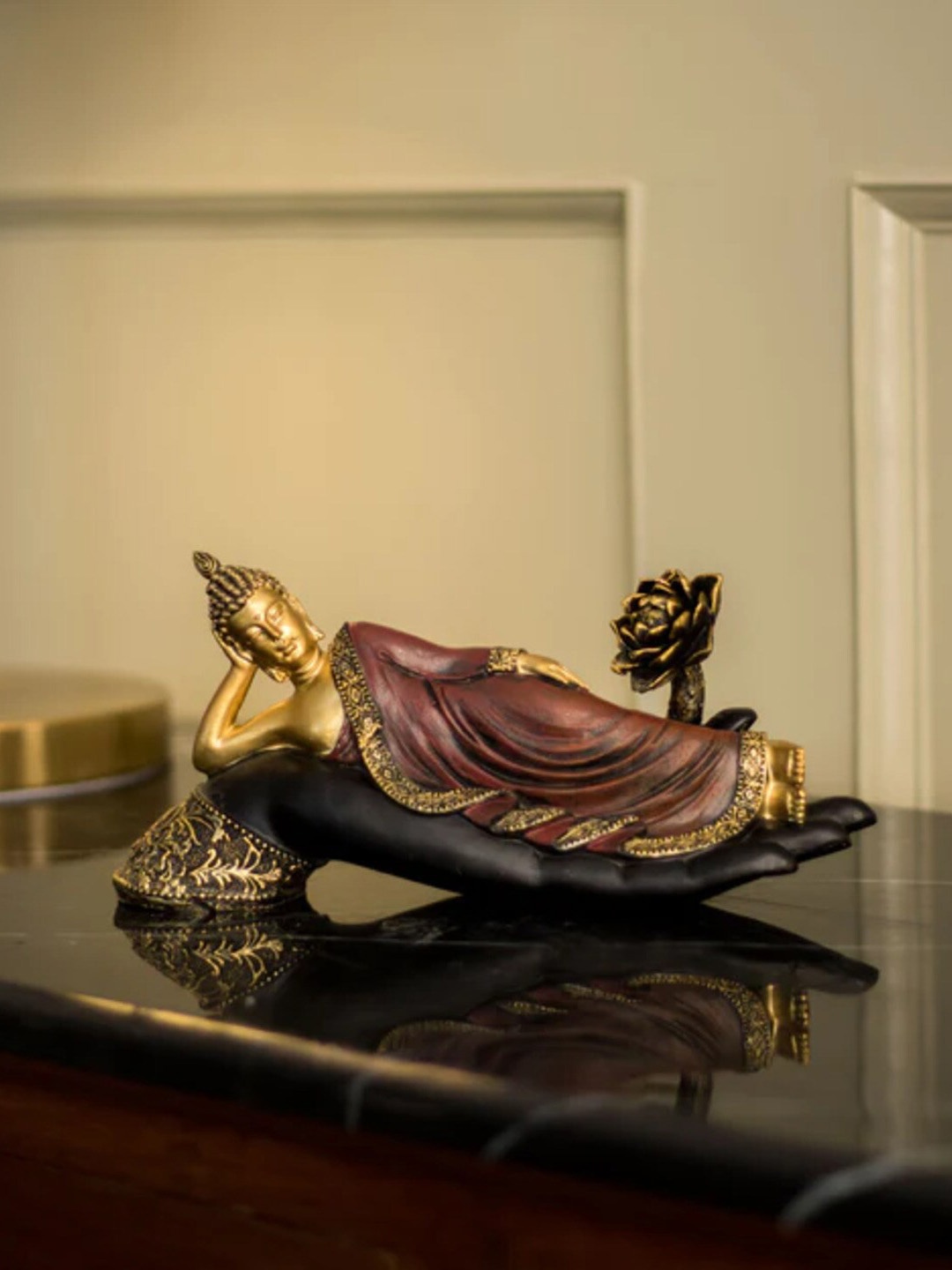 

THEDECORKART Brown & Golden Sleeping Buddha Idol Showpiece