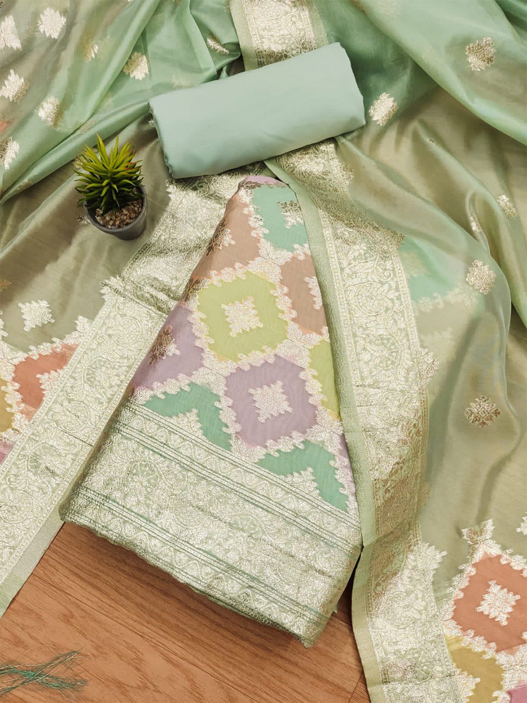 

KALINI Geometric Woven Design Zari Unstitched Dress Material, Sea green