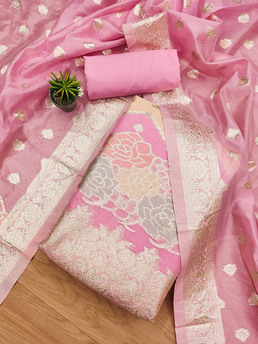 

KALINI Floral Woven Design Zari Unstitched Dress Material, Pink