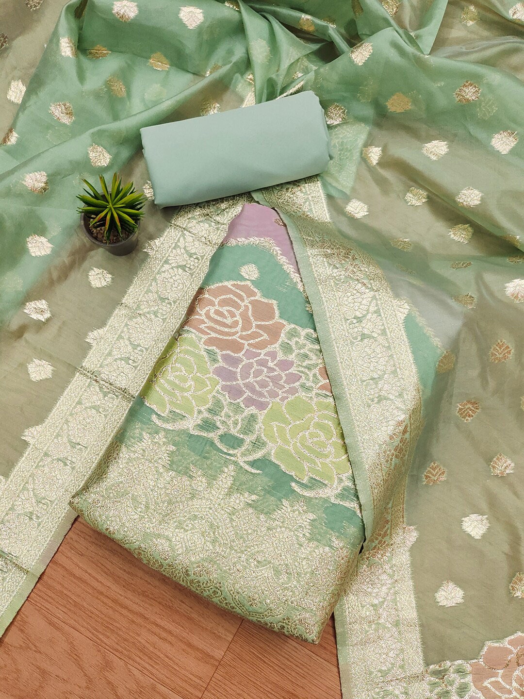 

KALINI Ethnic Motifs Woven Design Organza Unstitched Dress Material, Sea green