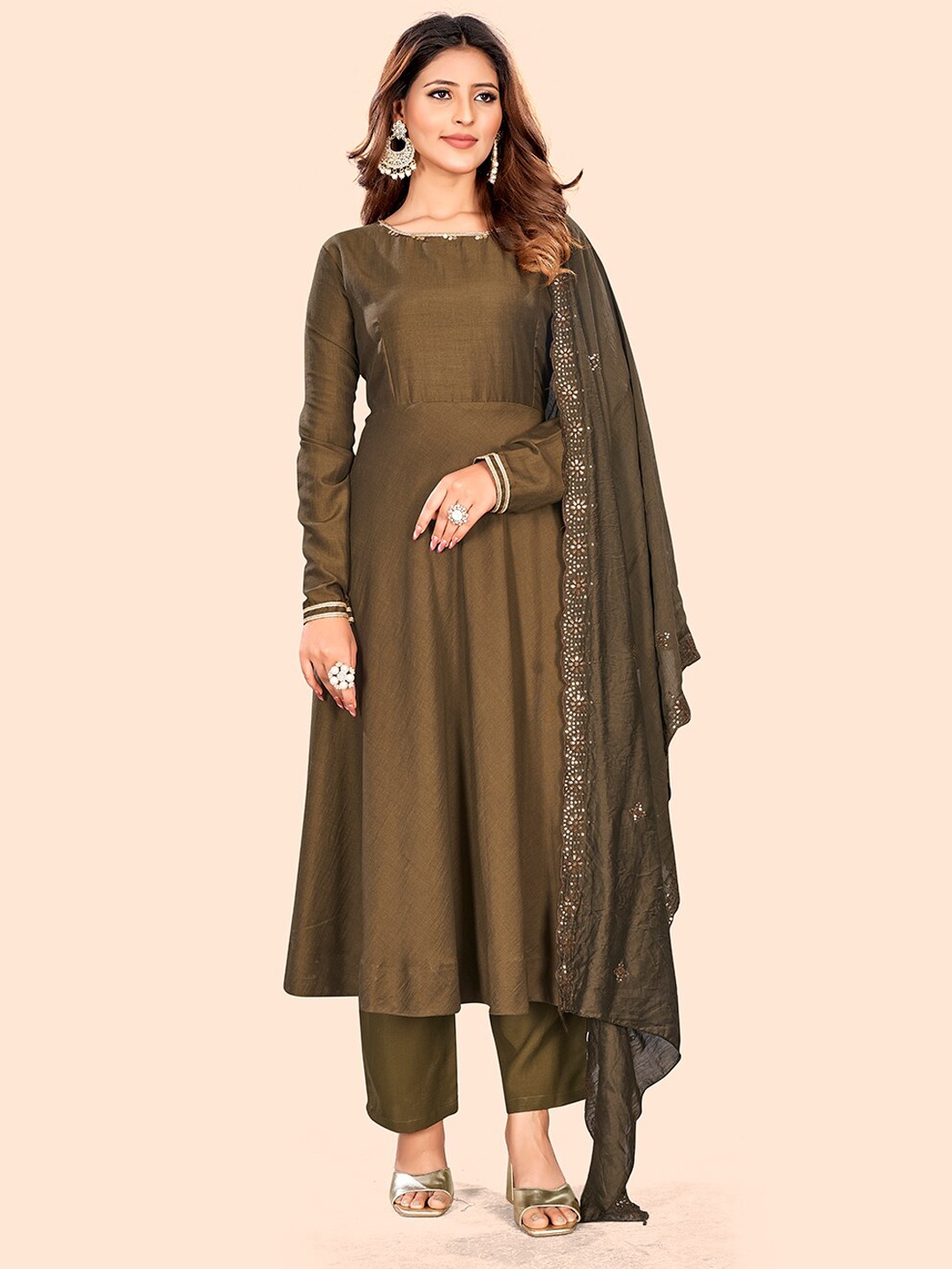 

Curvy Lane Long Sleeves Gotta Patti Art Silk Anarkali Kurta With Trouser & Dupatta, Olive