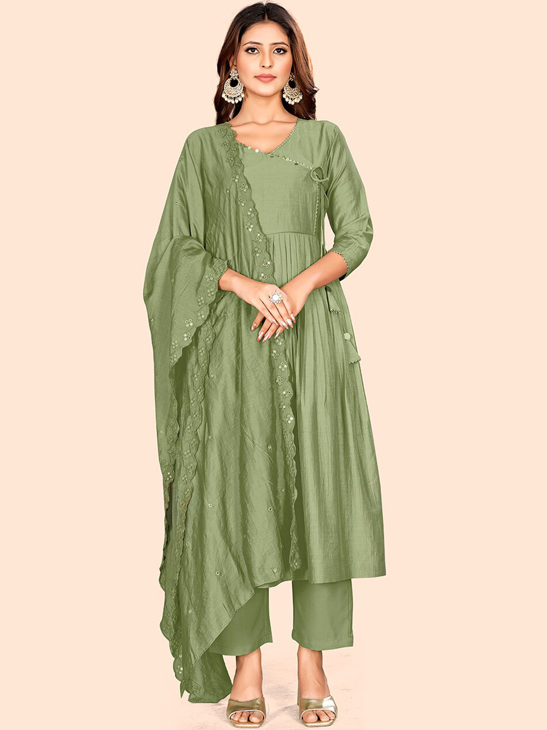 

Curvy Lane Plus Size Angrakha Gotta Patti Kurta With Trousers & Dupatta, Green