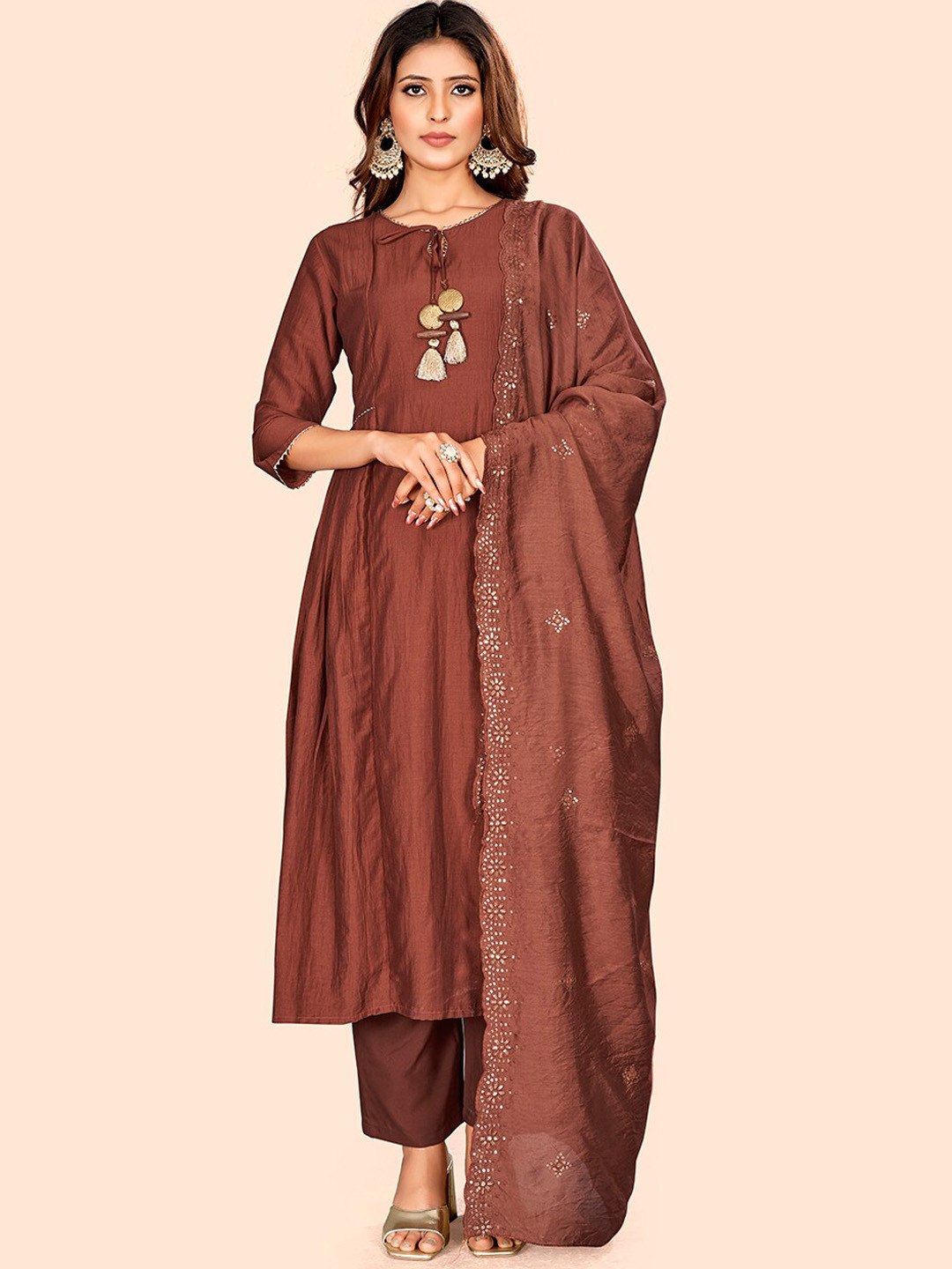 

Curvy Lane Tie-up Neck Kurta & Trousers With Dupatta, Rust