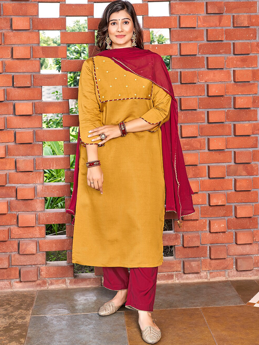 

Curvy Lane Yoke Design Beads and Stones Kurta & Trousers With Dupatta, Yellow