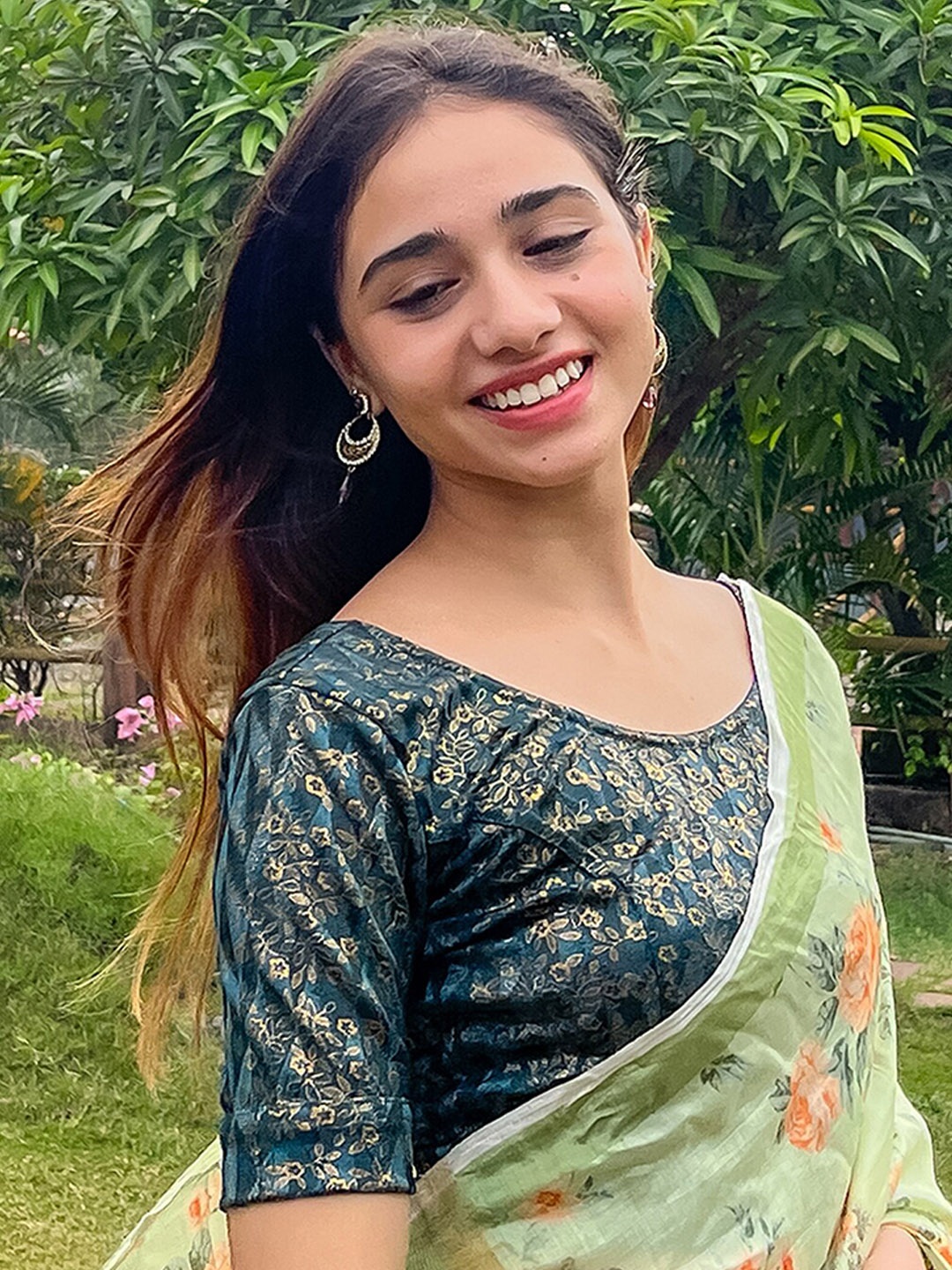 

Bindigasm's Advi Printed Jacquard Saree Blouse, Green