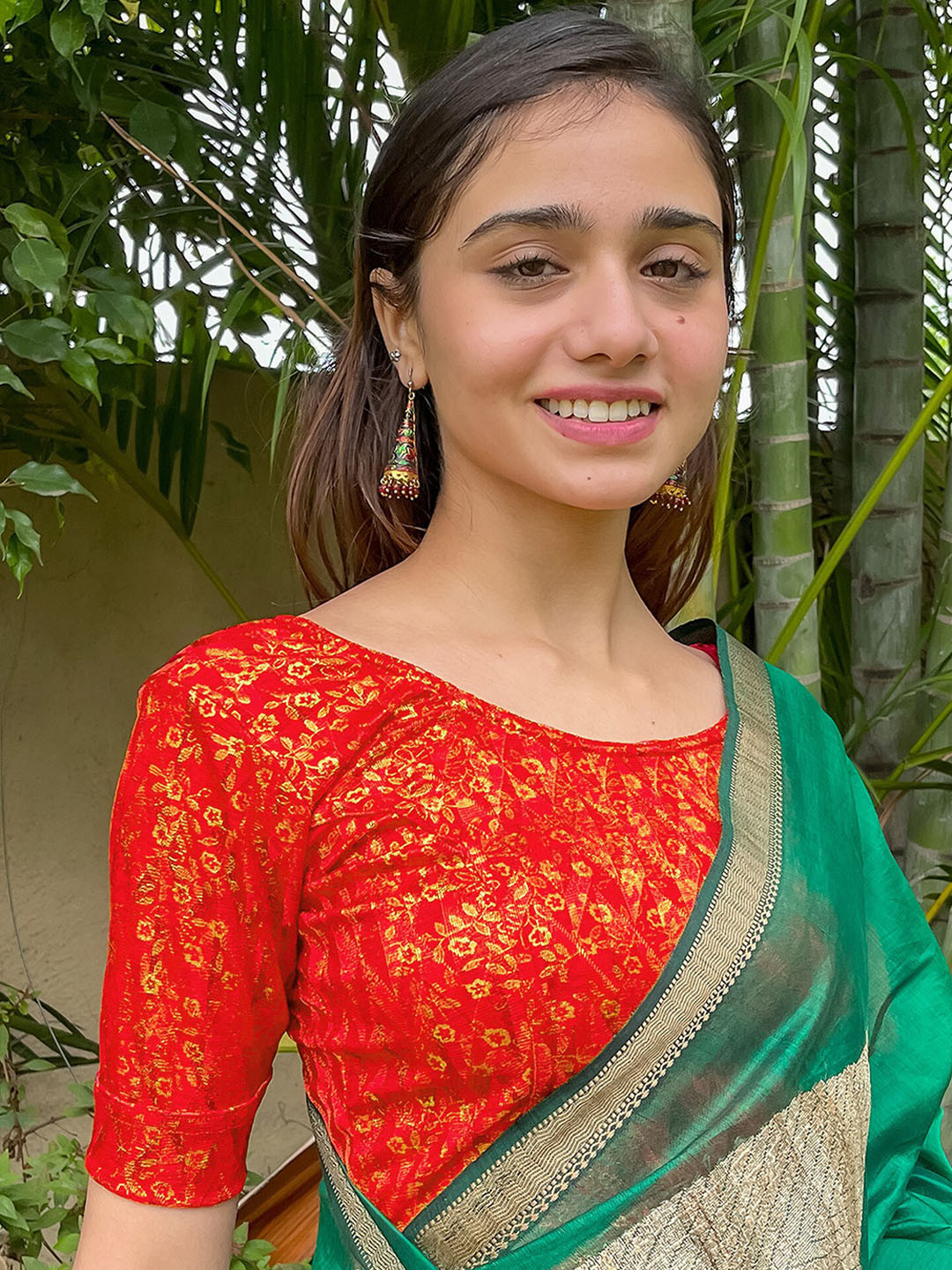 

Bindigasm's Advi Printed Jacquard Saree Blouse, Orange