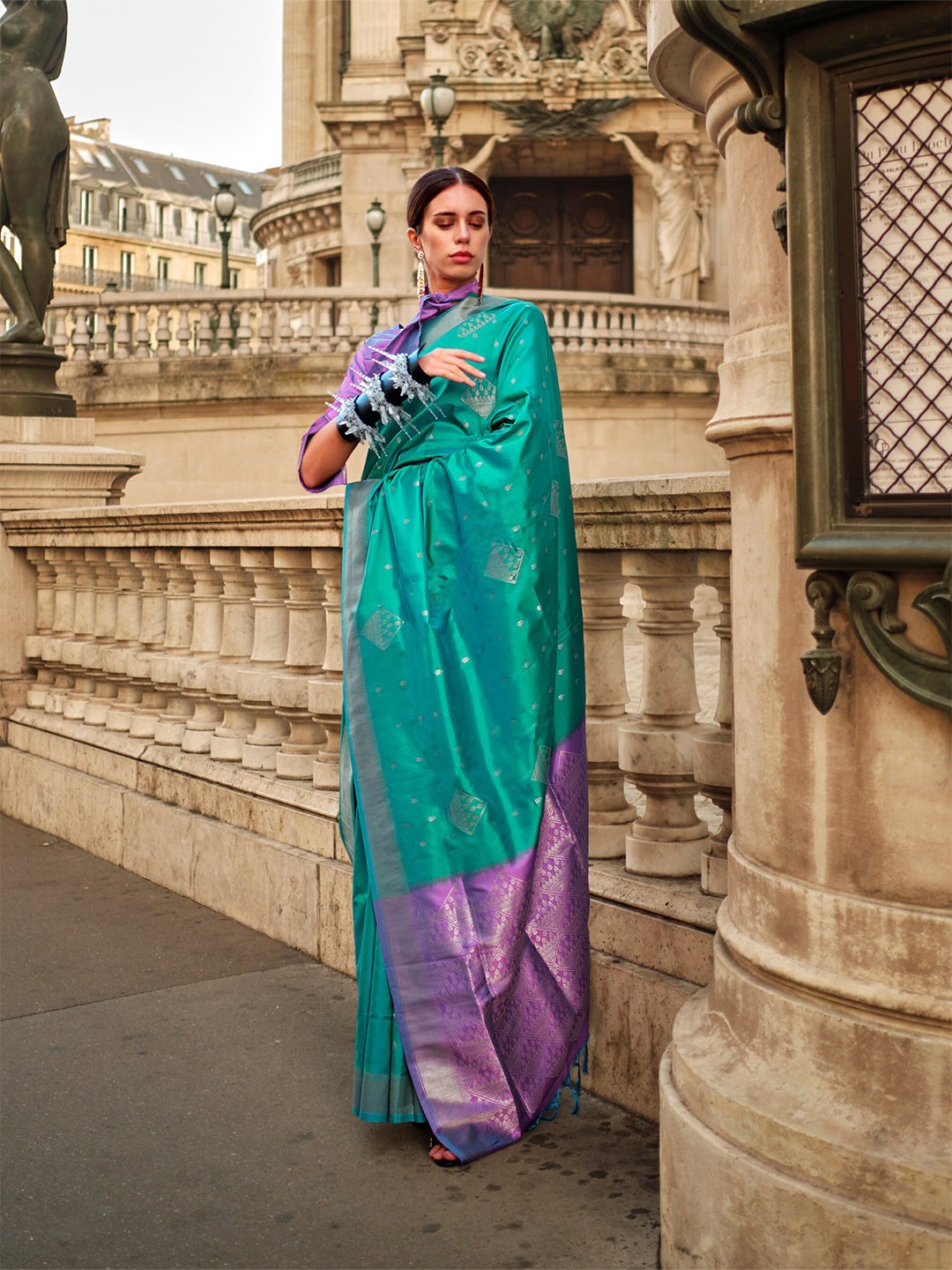 

elora Ethnic Motif Woven Design Banarasi Saree, Sea green