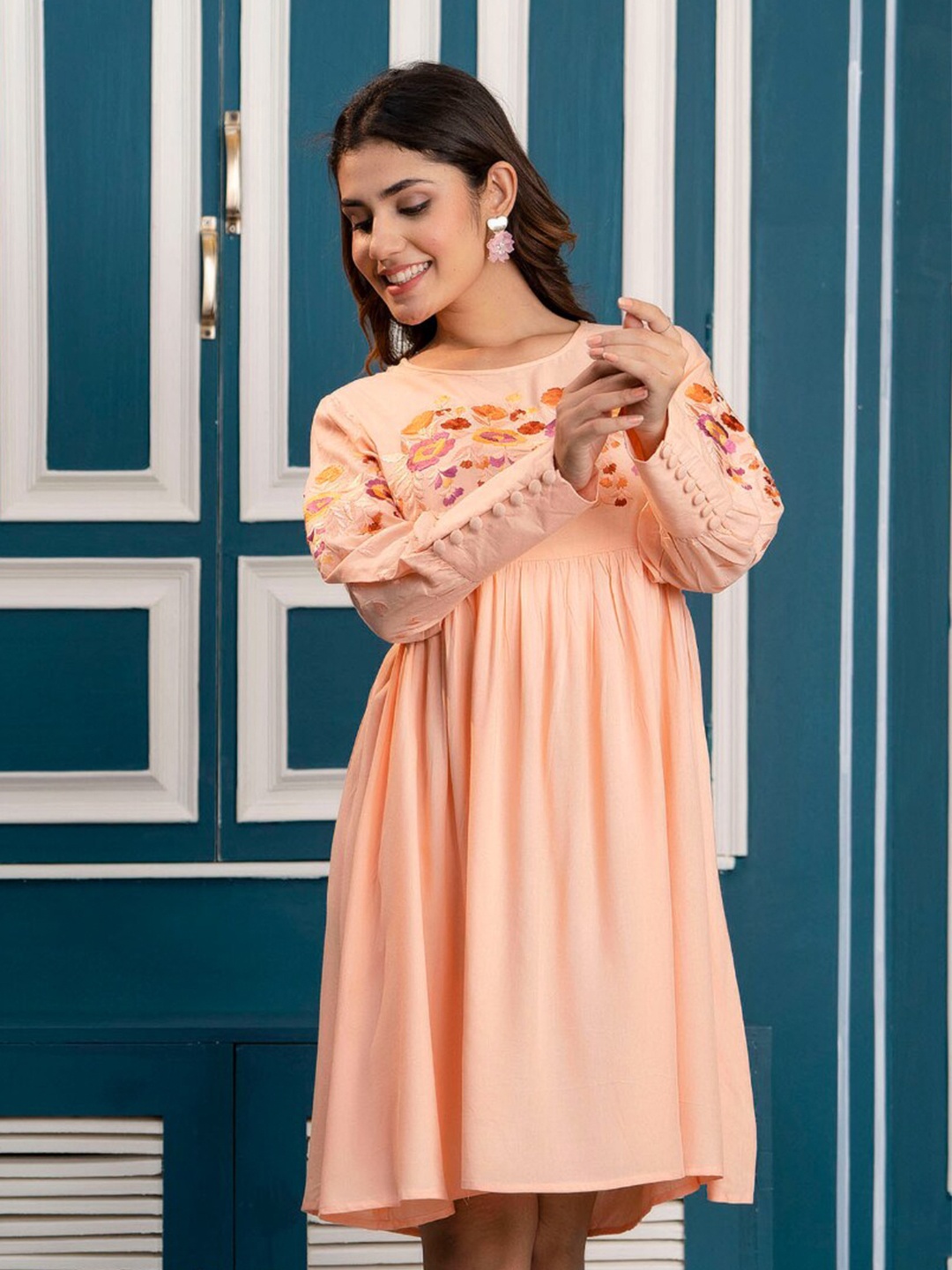

FrionKandy Floral Embroidered A-Line Dress, Peach