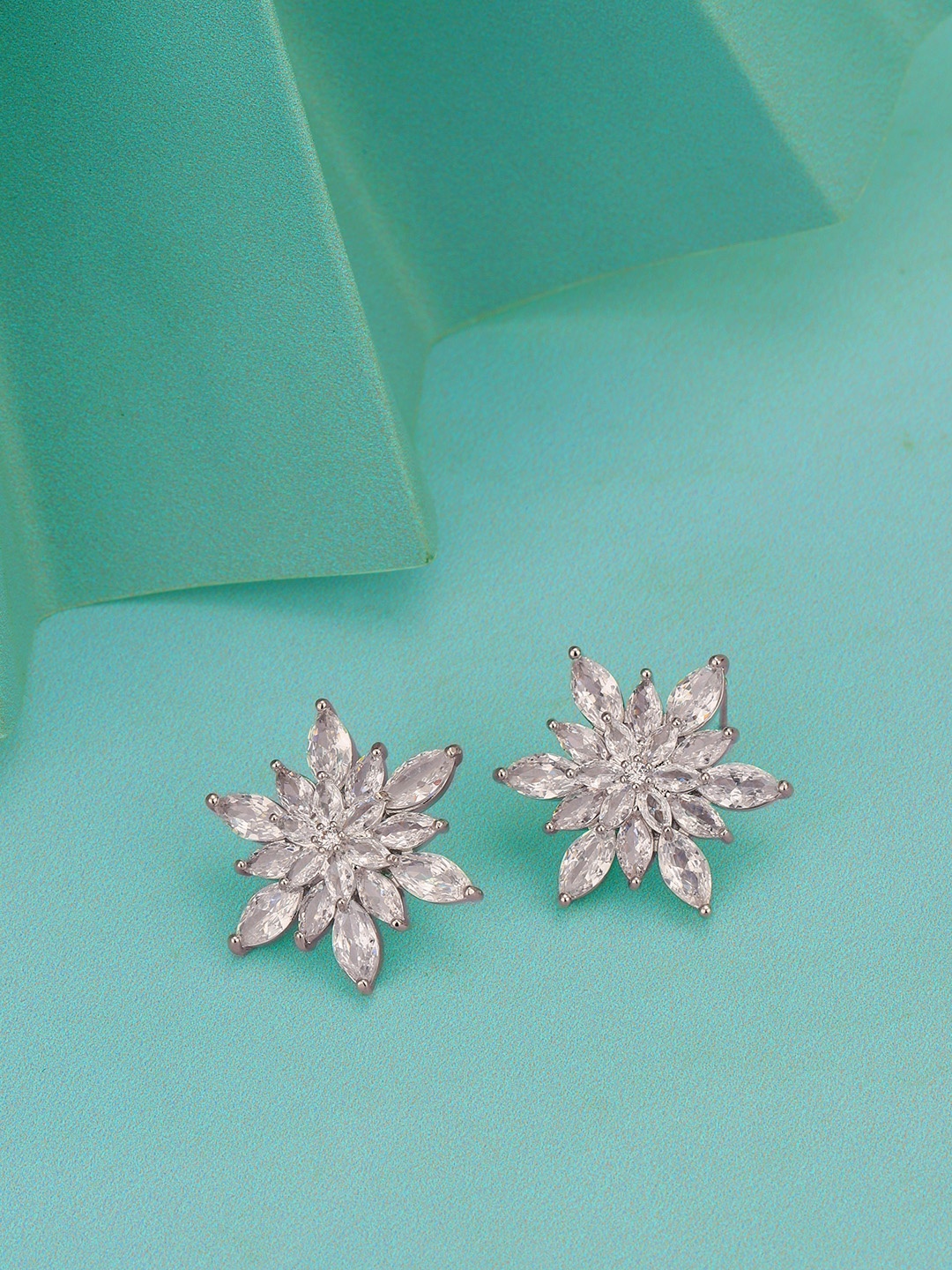 

Carlton London Women Silver-Plated CZ Studded Floral Studs Earrings