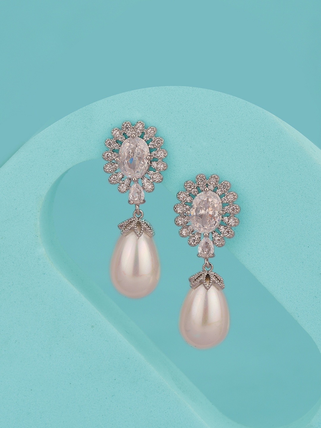 

Carlton London Women Silver-Plated CZ & Pearl Studded Contemporary Drop Earrings