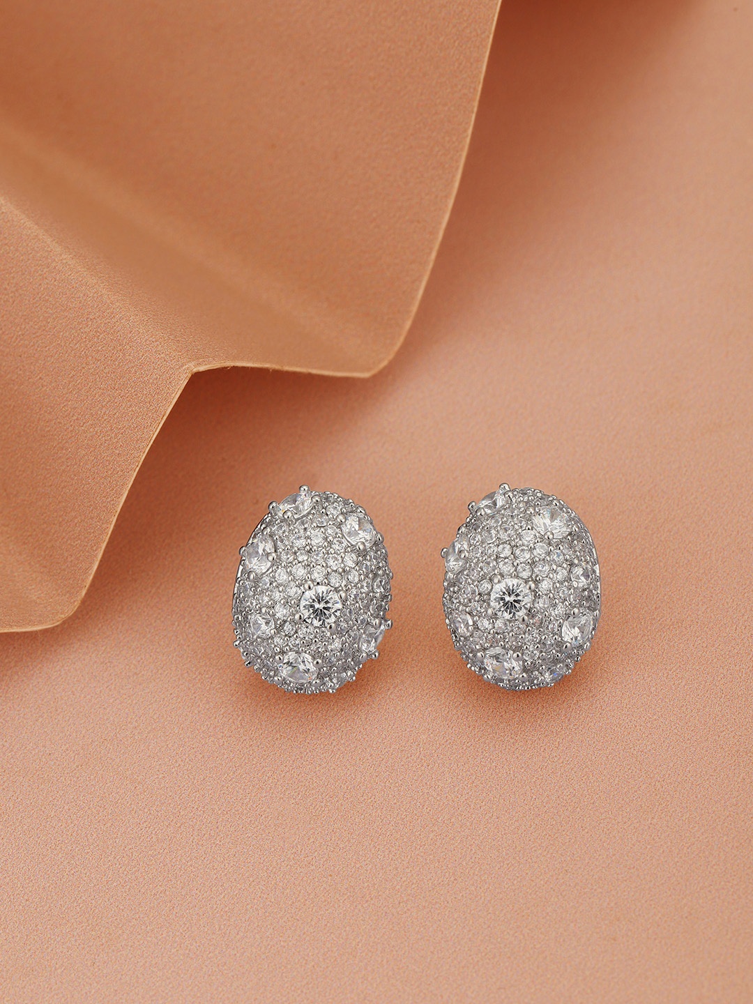 

Carlton London Women Silver-Plated CZ Studded Oval Studs Earrings