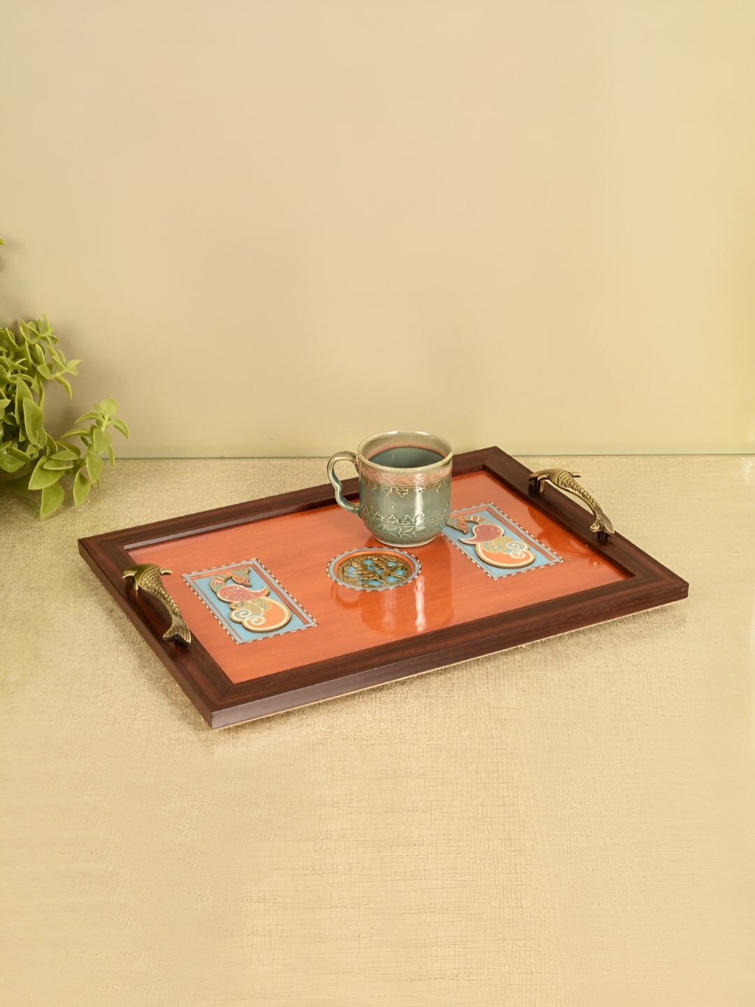 

dudki Brown & Orange Textured Wooden Tray