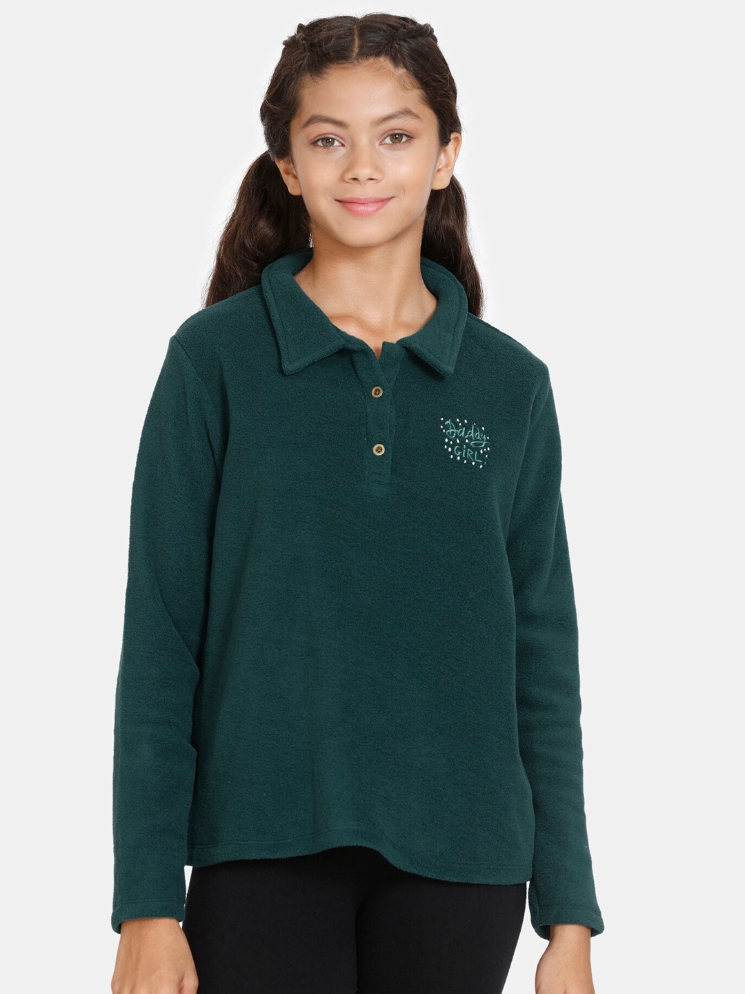 

Zivame Girls Shirt Collar Pullover Sweatshirt, Green