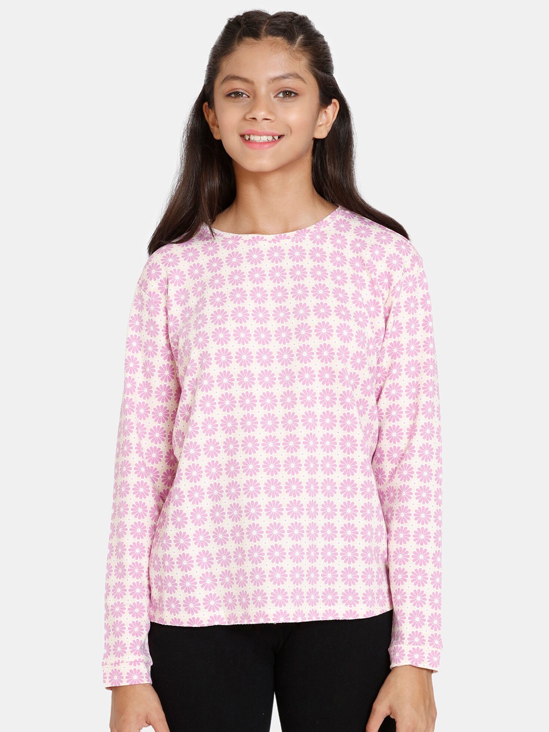 

Zivame Girls Floral Printed Round Neck Top, Pink