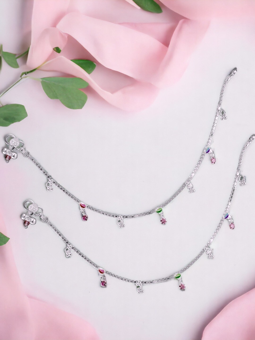 

Taraash Set Of 2 92.5 Sterling Silver Cubic Zirconia Charm Anklets