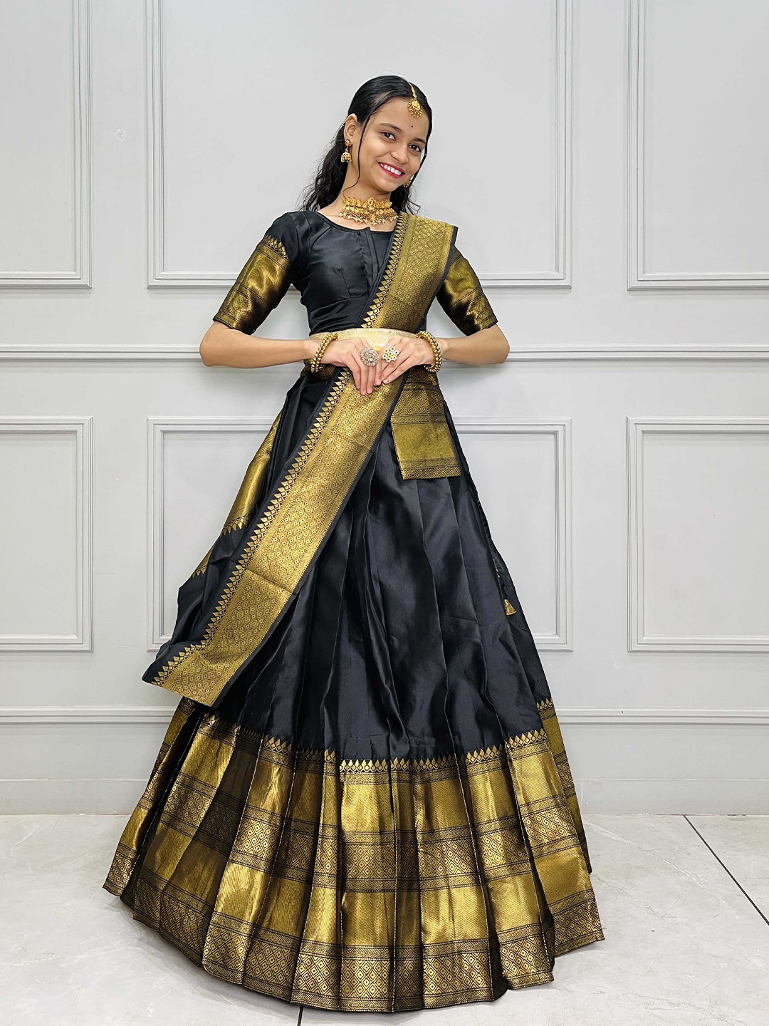 

Fabcartz Woven Design Zari Art Silk Semi-Stitched Lehenga & Unstitched Blouse With Dupatta, Black