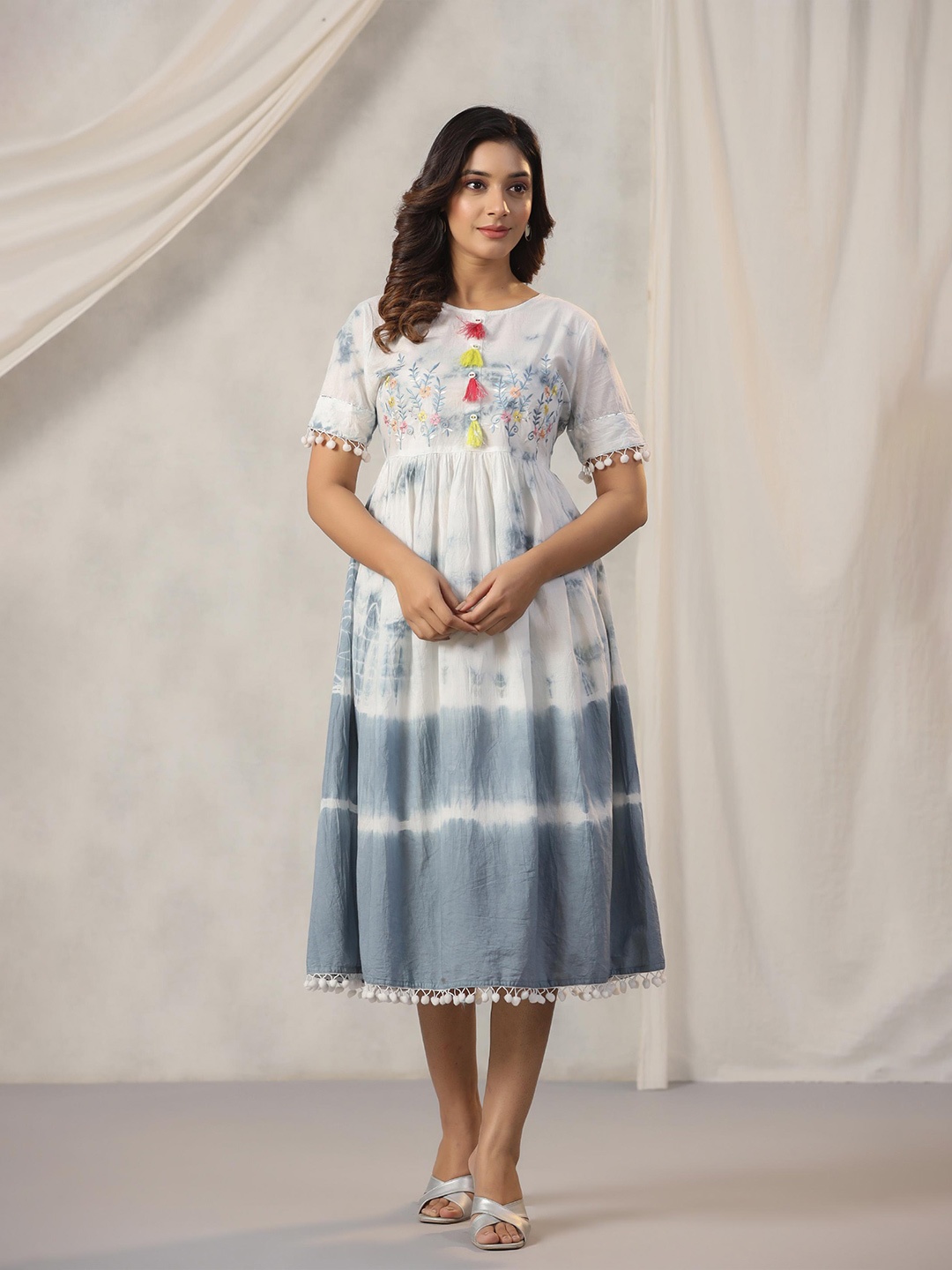 

Amirah s Tie & Dye Embroidery Pleated Cotton Fit & Flare Dress, Grey